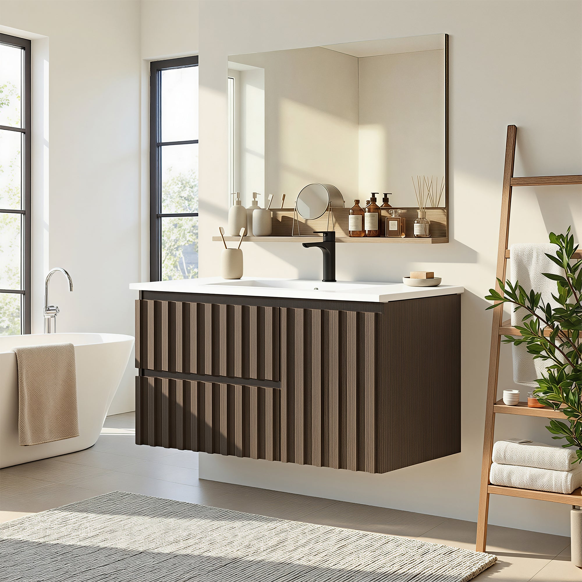 Homrest 36" Wall Mounted Single Bathroom Vanity With Ceramic Sink, Bathroom Vanity With Spacious Cabinet And 2 Soft-close Drawers,  Brown
