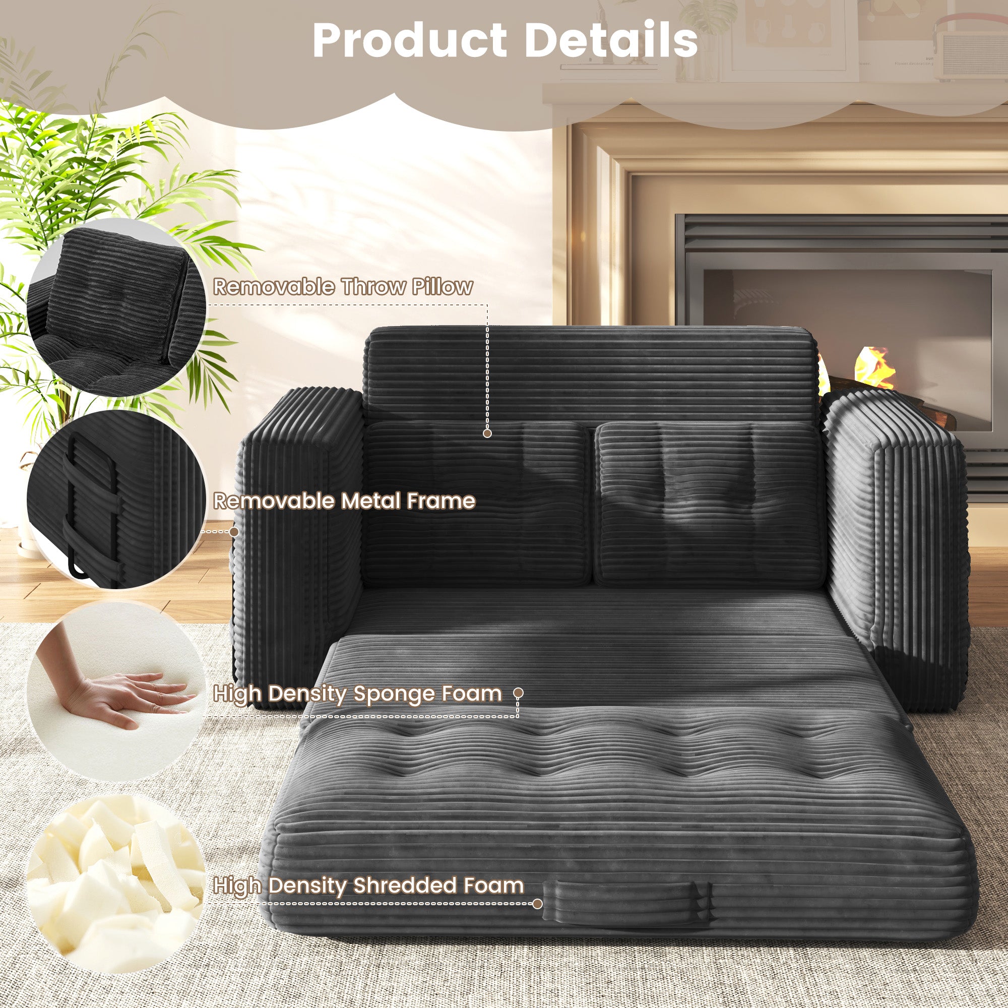 HOMREST No Assembly Needed Convertible Sofa Bed, 2 in 1 Boneless Couch Bed with 2 Pillows, Black