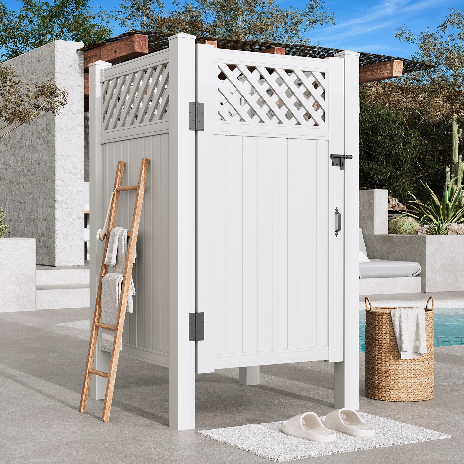 HOMREST 80.75"H x 45.75"W x 45.75"L White PVC Outdoor Shower Enclosure with Door, Weatherproof Privacy Stall for Pool & Beach, Durable Vinyl Construction(Grid-panel)