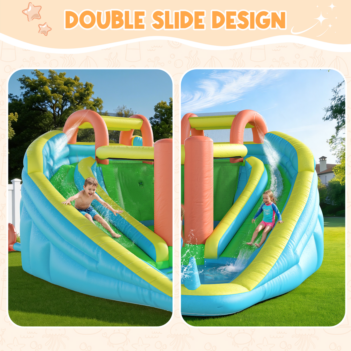 Homrest Inflatable Bounce House with Double Slide, Bouncy Castle for Kids 3-12 with Blower, Water Cannon, Football Net, Jumping, Climbing Wall, Basketball Hoop, Backyard Water Park for Kids