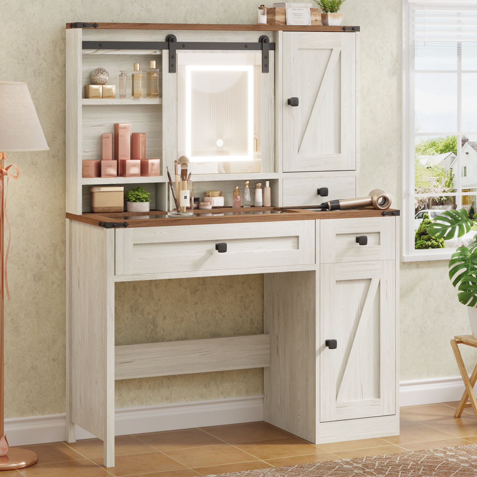 HOMREST  Farmhouse Vanity Desk with Mirror, Lights and Jewelry Storage, Rustic Farmhouse Style