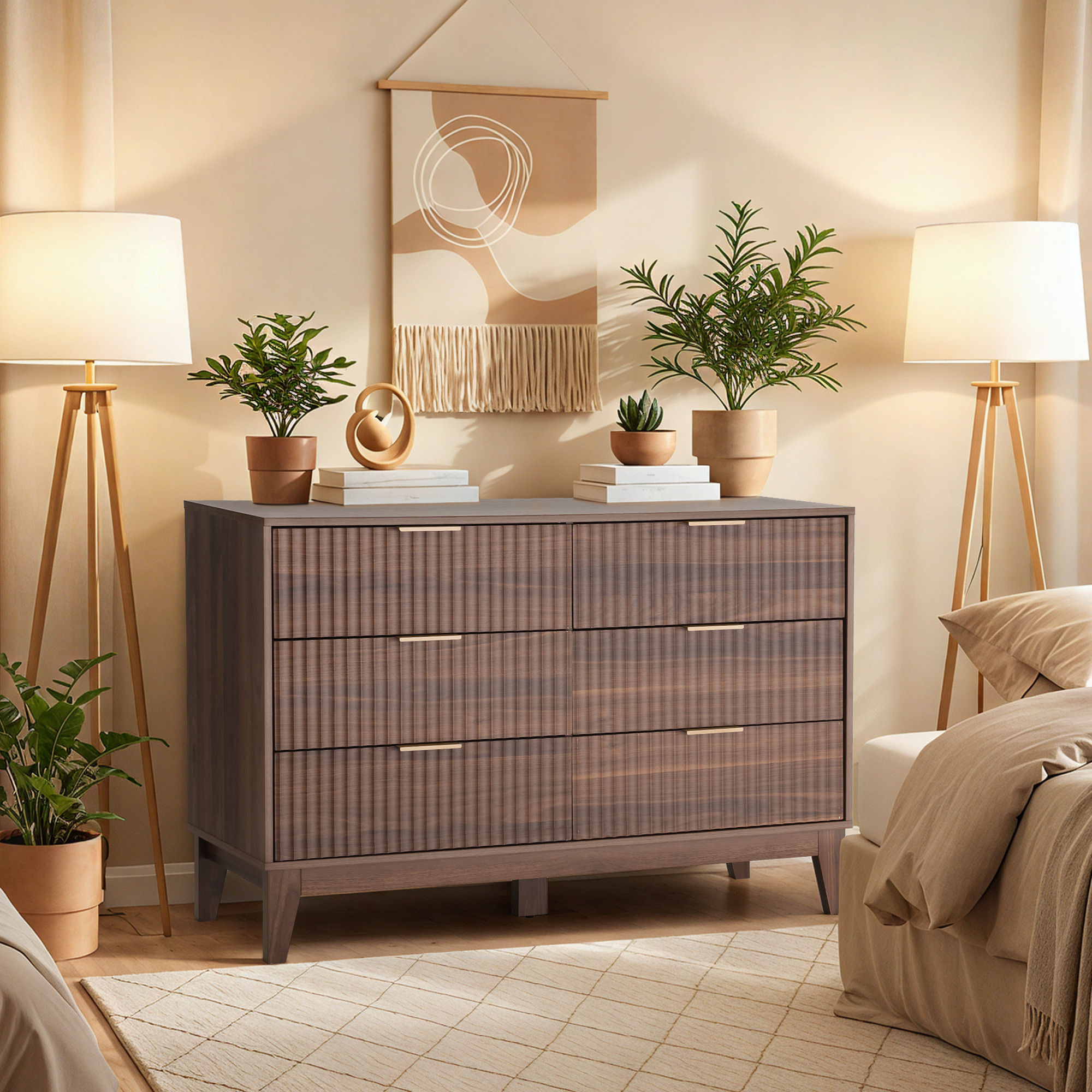 HOMREST Fluted Dresser for Bedroom, 6 Drawer Modern Dresser, Wide Modern Chest of Drawers with Metal Handle, Mid Century Modern Dresser, Walnut