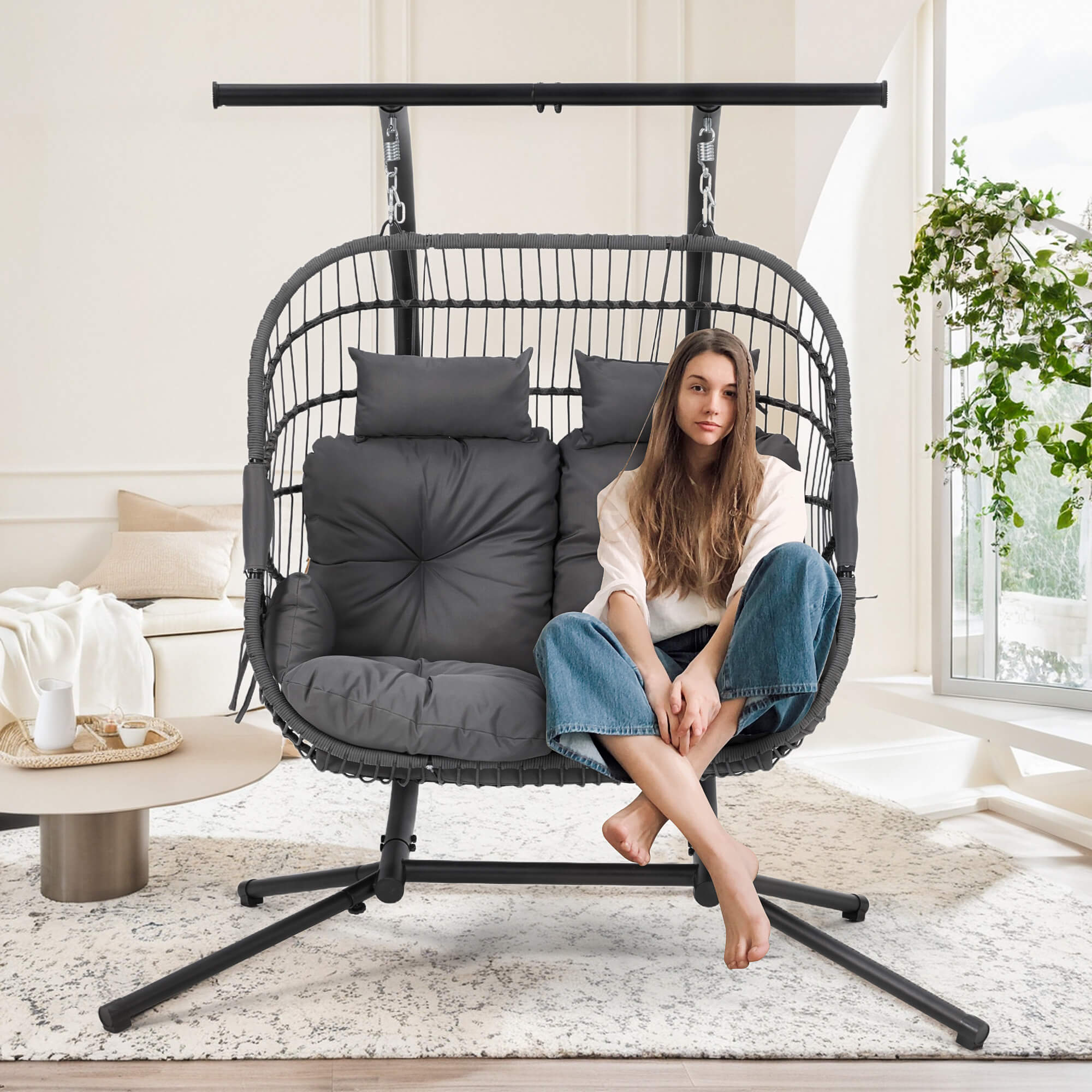 HOMREST Double Hanging Egg Chair with Stand, Wicker Loveseat Swing with Extra Cushion, Gray