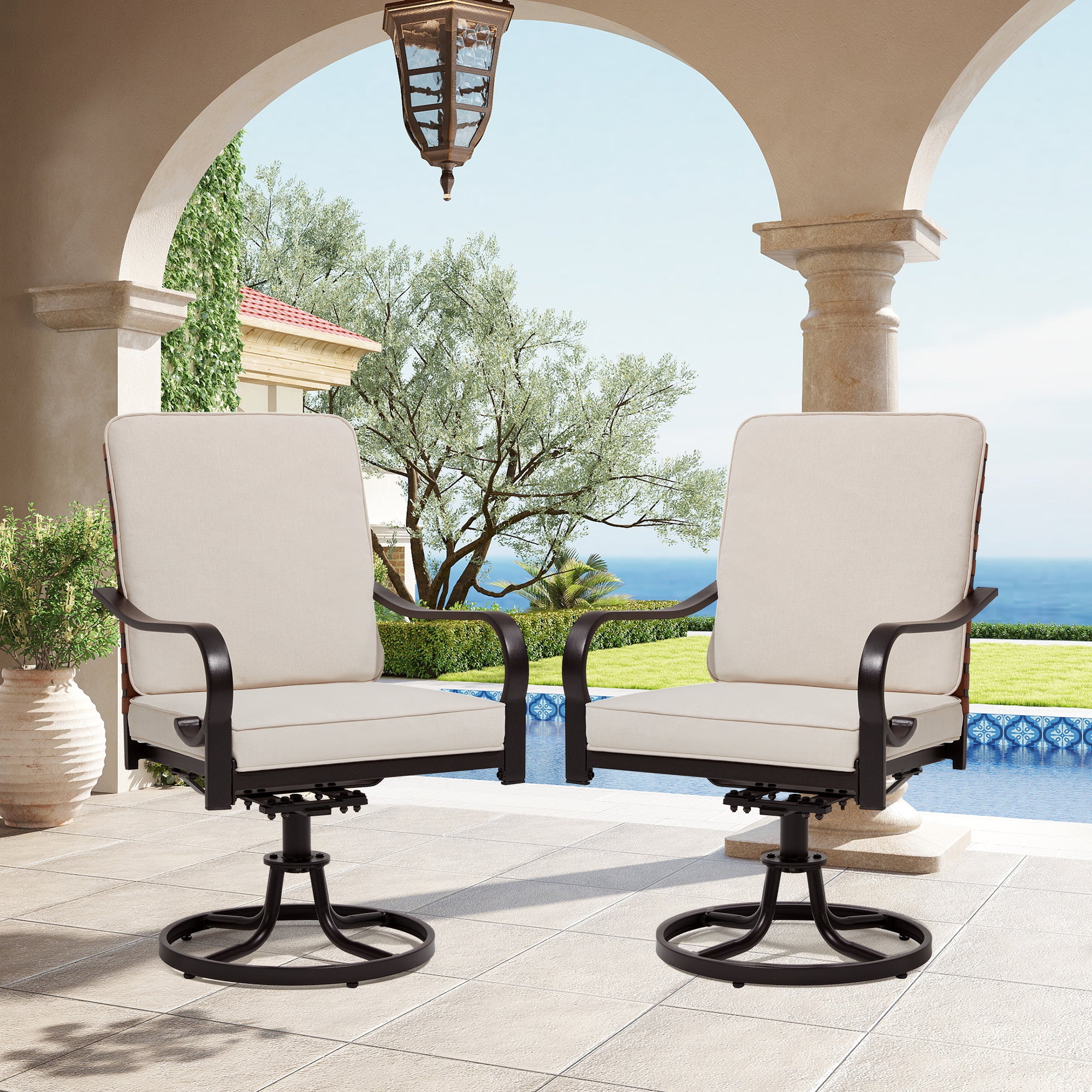 HOMREST Swivel Patio Chairs Set of 2, Heavy Duty Outdoor Dining Chairs, Beige