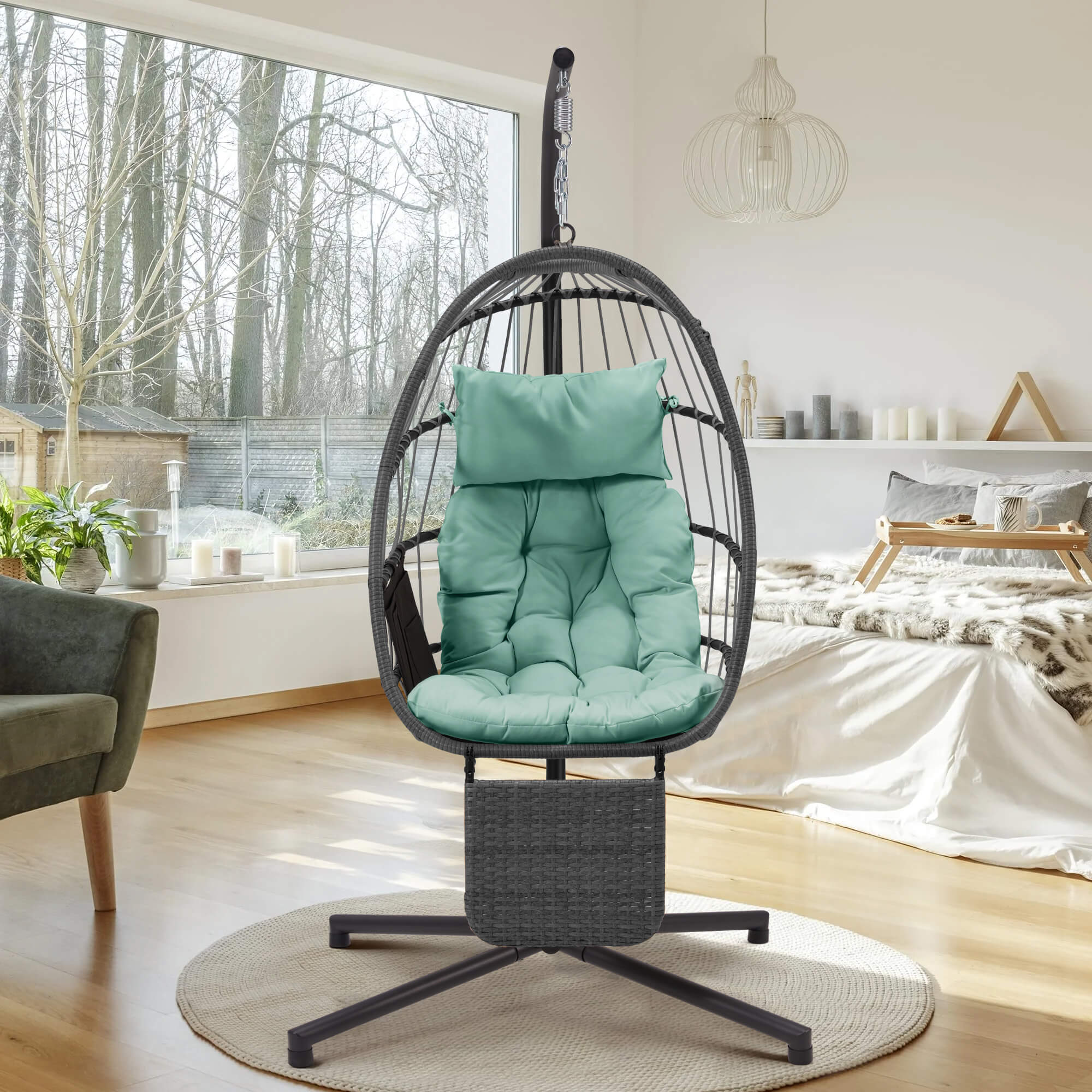 HOMREST Hanging Egg Chair with Stand & Removable Leg Rest, Hammock Chair for Patio, Bedroom, Light Green/Gray
