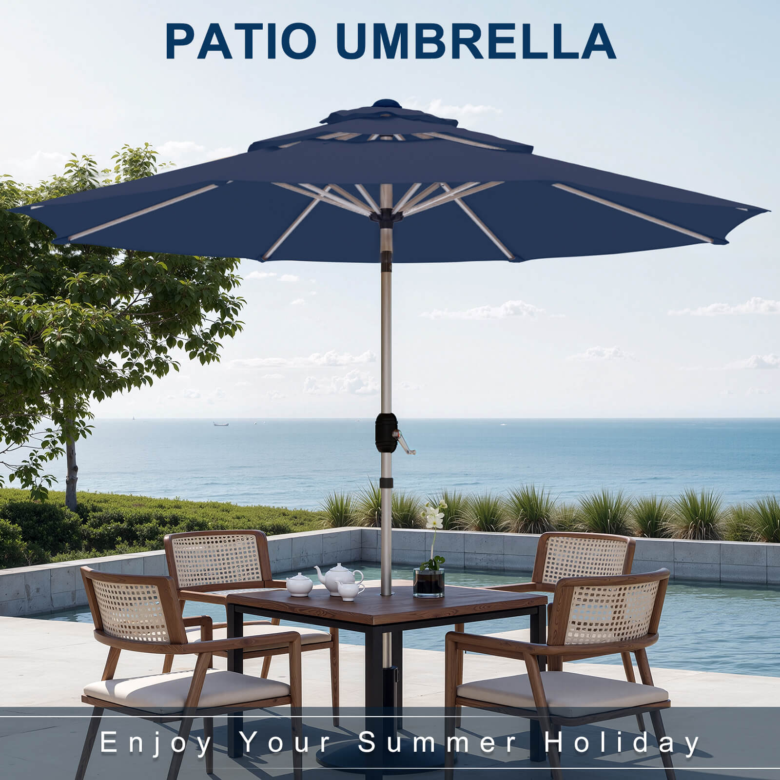 HOMREST 10FT 3-Tier Aluminum Outdoor Patio Umbrella with Push Button Tilt Function, Navy Blue
