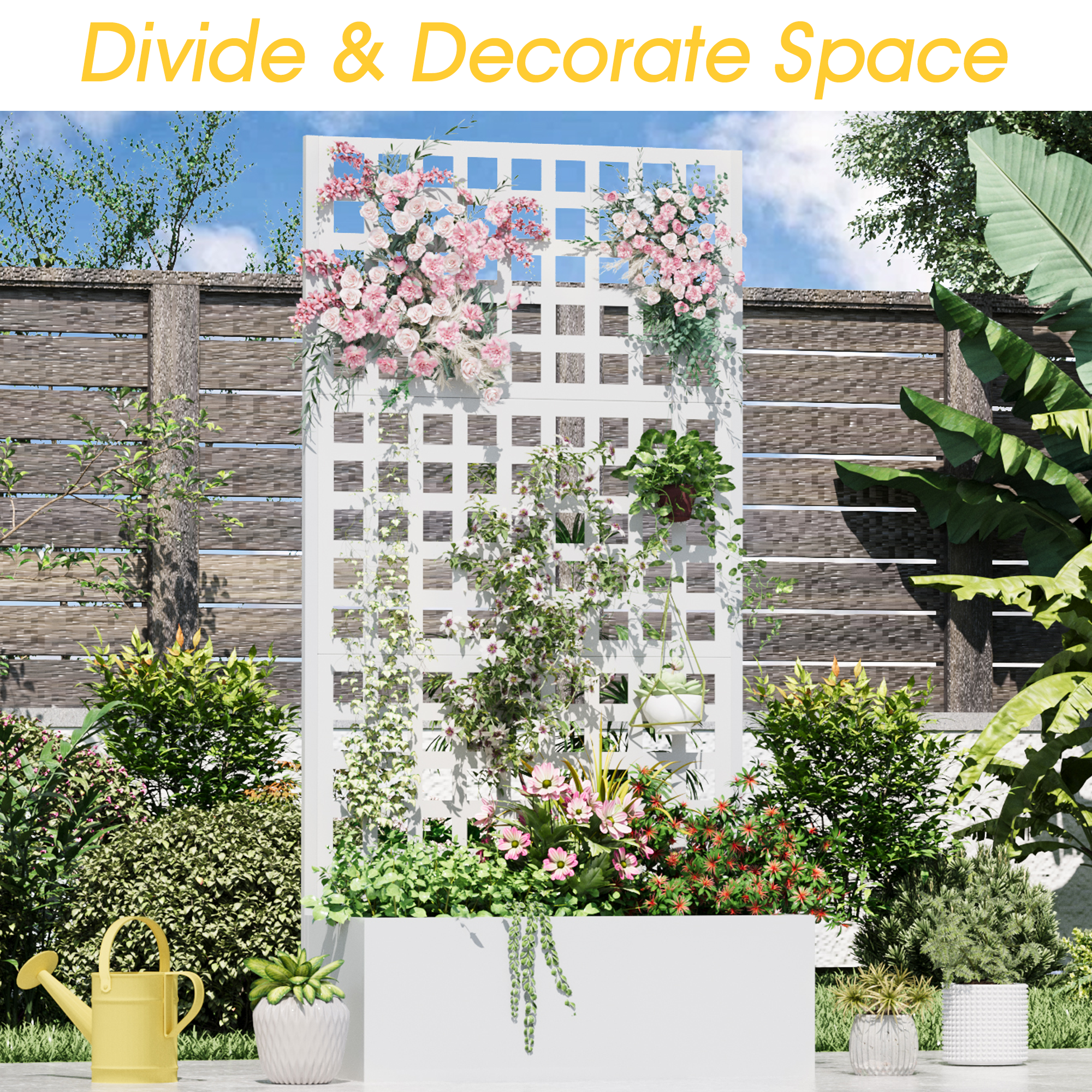 HOMREST Metal Planter Box with Trellis, 71"x 35"x 16" Raised Garden Bed with Trellis, Planter Box Trellis with Privacy Screen and Drainage Holes, White