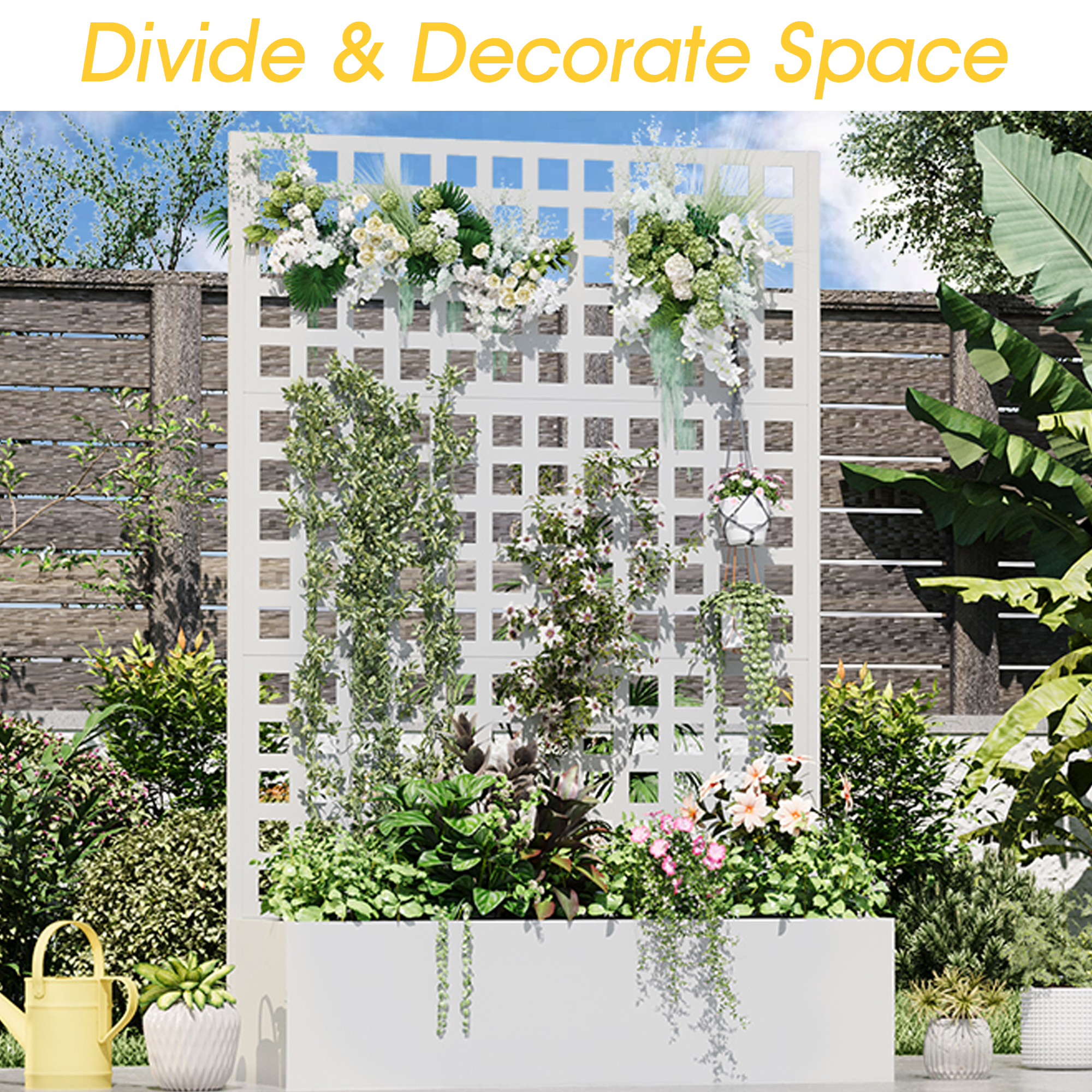 HOMREST Metal Planter Box with Trellis, 71"x 47"x 16" Raised Garden Bed with Trellis, Planter Box Trellis with Privacy Screen and Drainage Holes, White