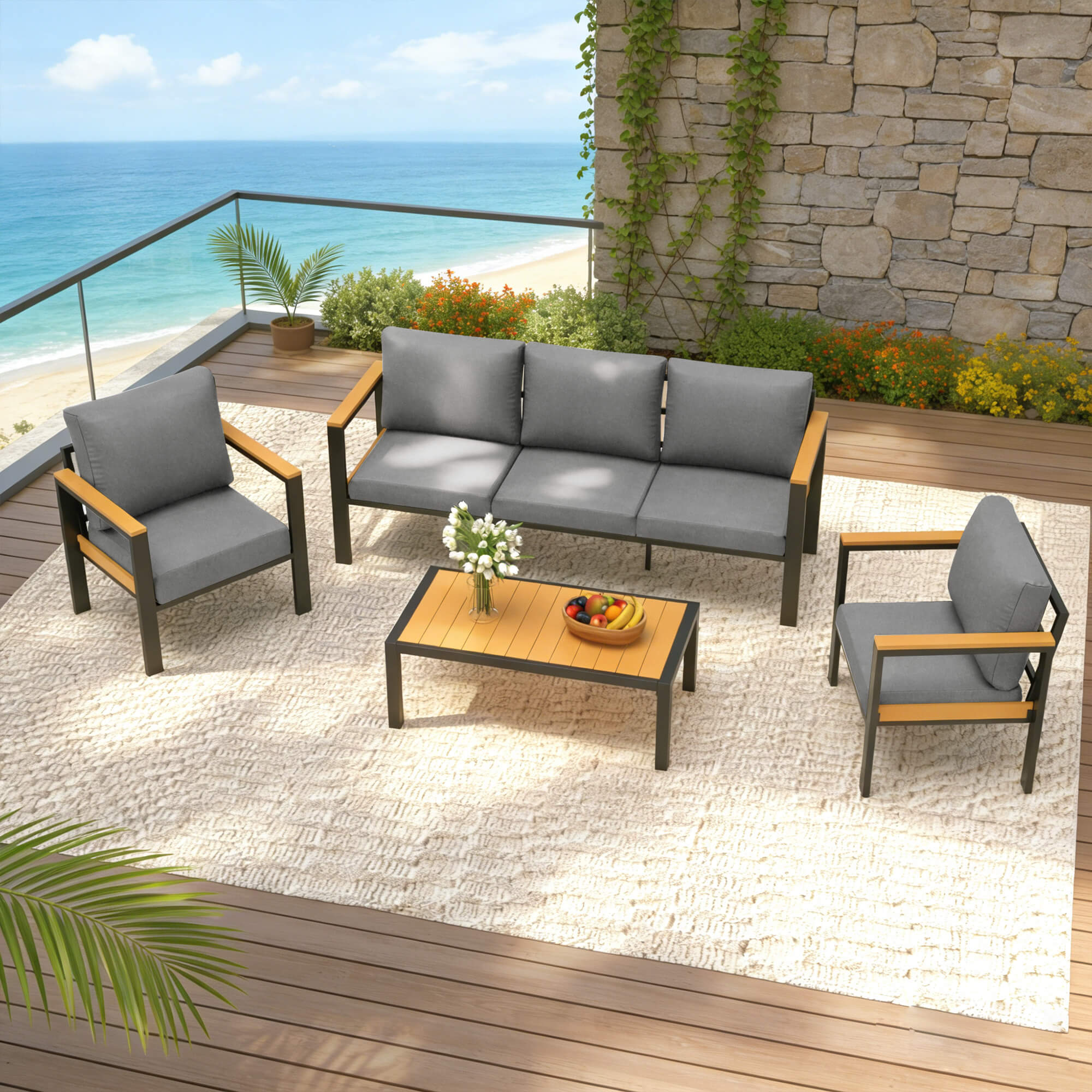 HOMREST 5 Piece Patio Furniture Set, Metal Patio Conversation Set with Coffee Table, All-Weather Outdoor Furniture, Gray