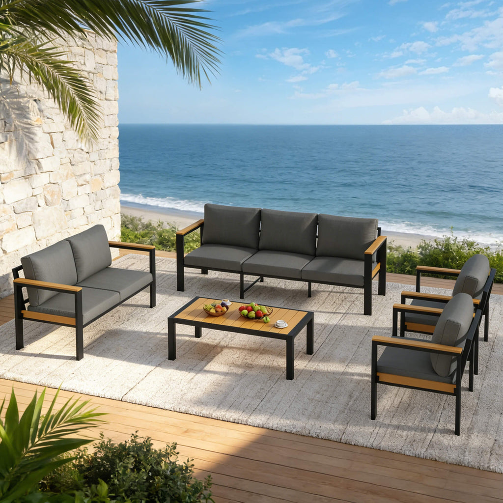 HOMREST 5 Piece Patio Furniture Set, Metal Patio Conversation Set with Coffee Table, All-Weather Outdoor Furniture, Gray
