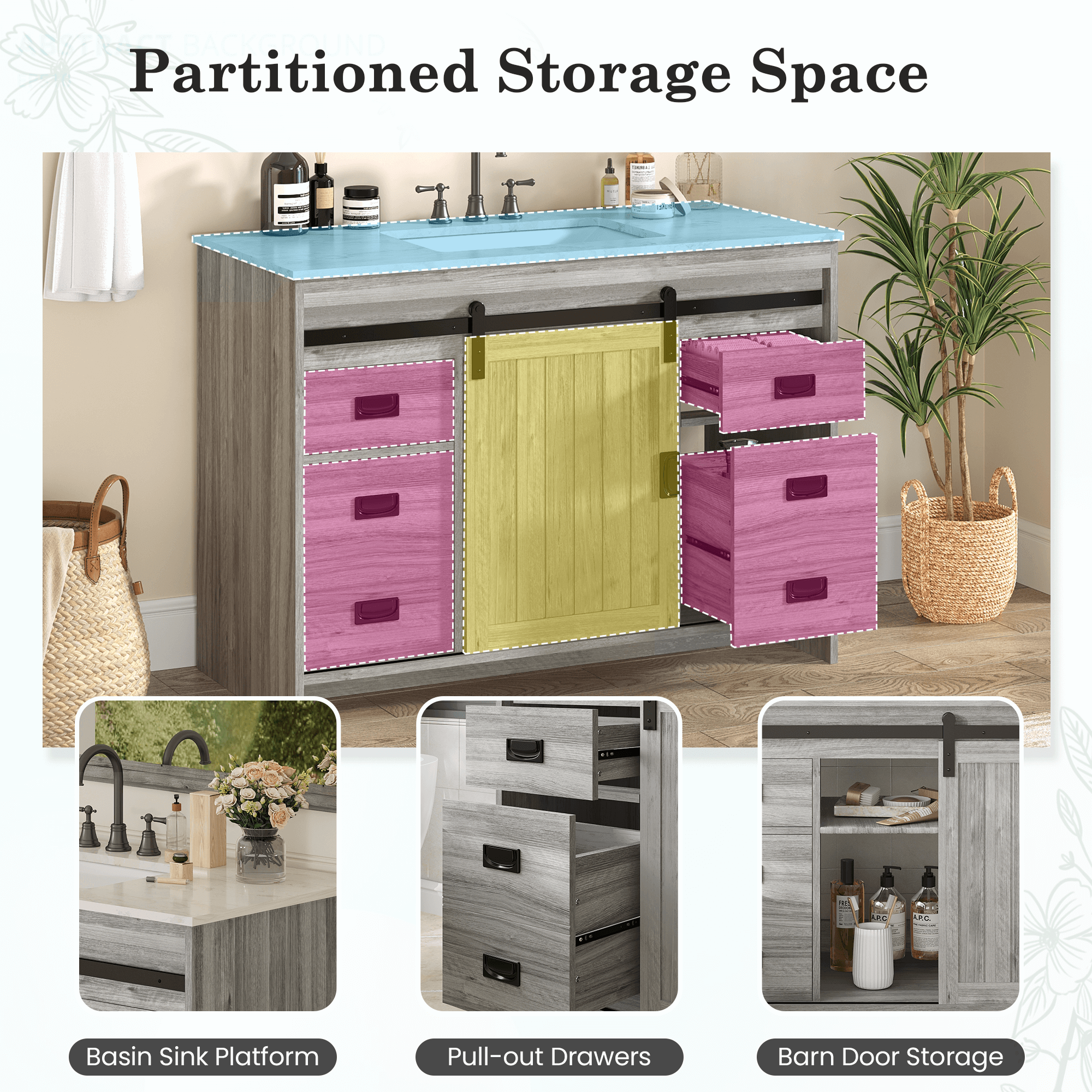 HOMREST 48" Farmhouse Single Bathroom Vanity with Engineered Stone Top, Sliding Barn Door Sink Vanity, Gray