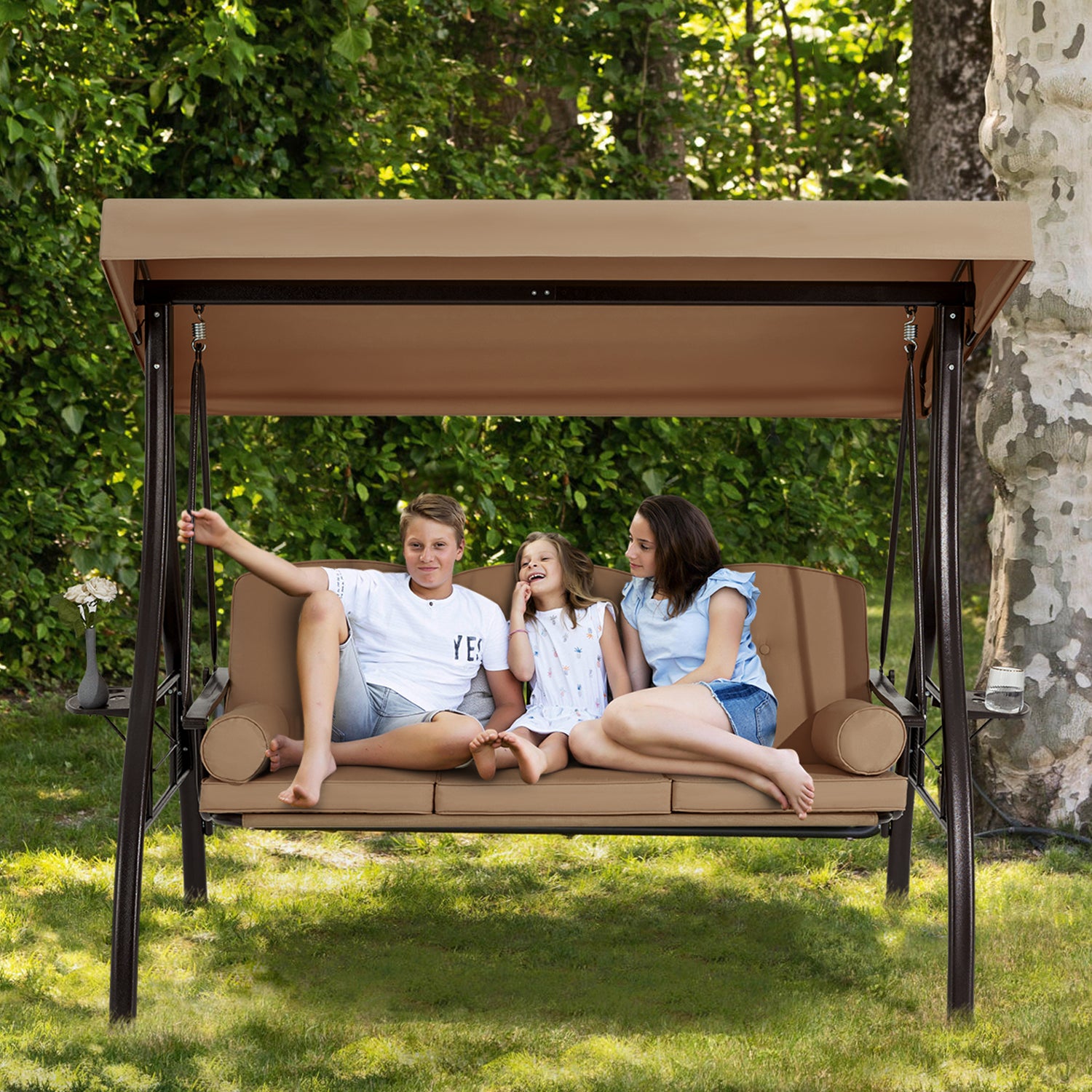3-Seat Outdoor Porch Swing with Adjustable Canopy and Backrest, Brown | Homrest Furniture