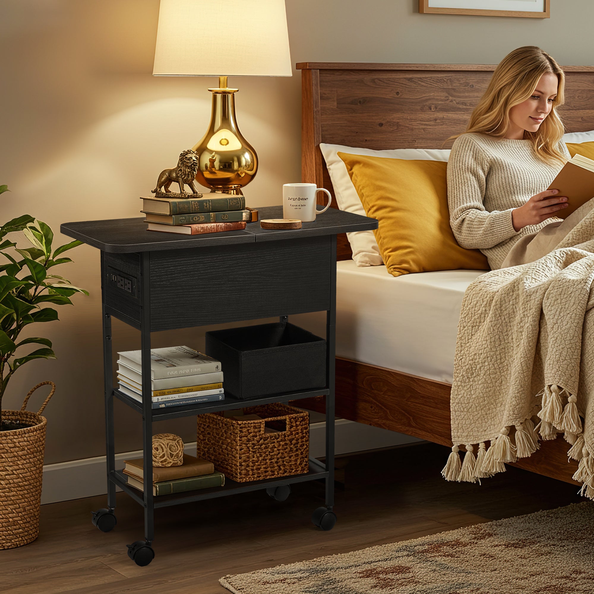 HOMREST Multi-Functional Flip Side Table, 360° Swivel Wheels & Storage Shelf for Living Room/Bedroom, Rustic Brown Wood End Table, Black