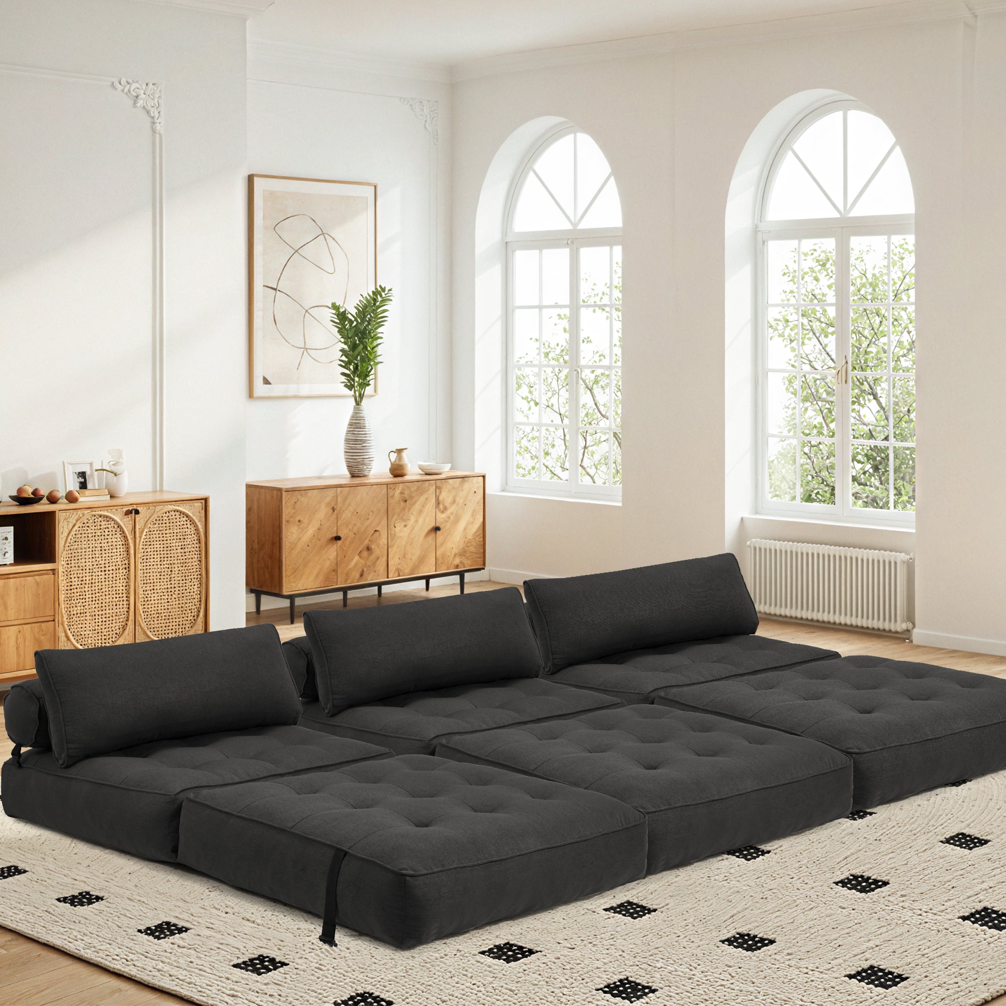 HOMREST 3-Piece Modular Sectional Sofa, Convertible Lounge Set – Foldable Couch Bed, Black