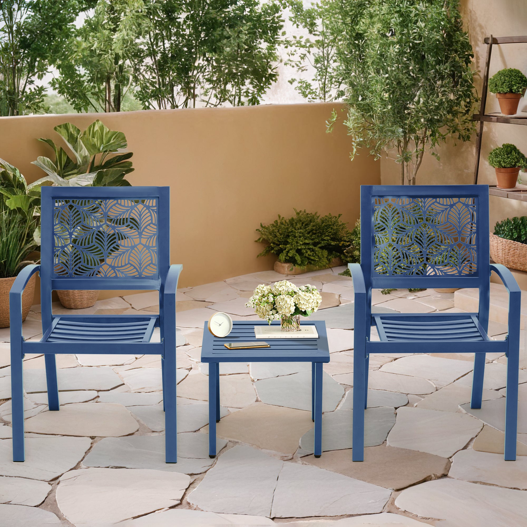 HOMREST 3-Piece Outdoor Bistro Set – Metal Chairs & Table, Floral Back Design, Peacock Blue