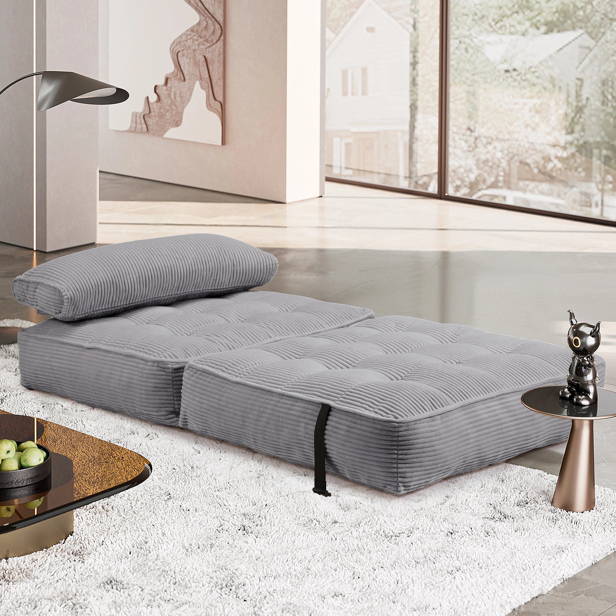 HOMREST Folding Out Chair Bed, Convertible Sofa Bed with 2 Pillows, Gray Blue