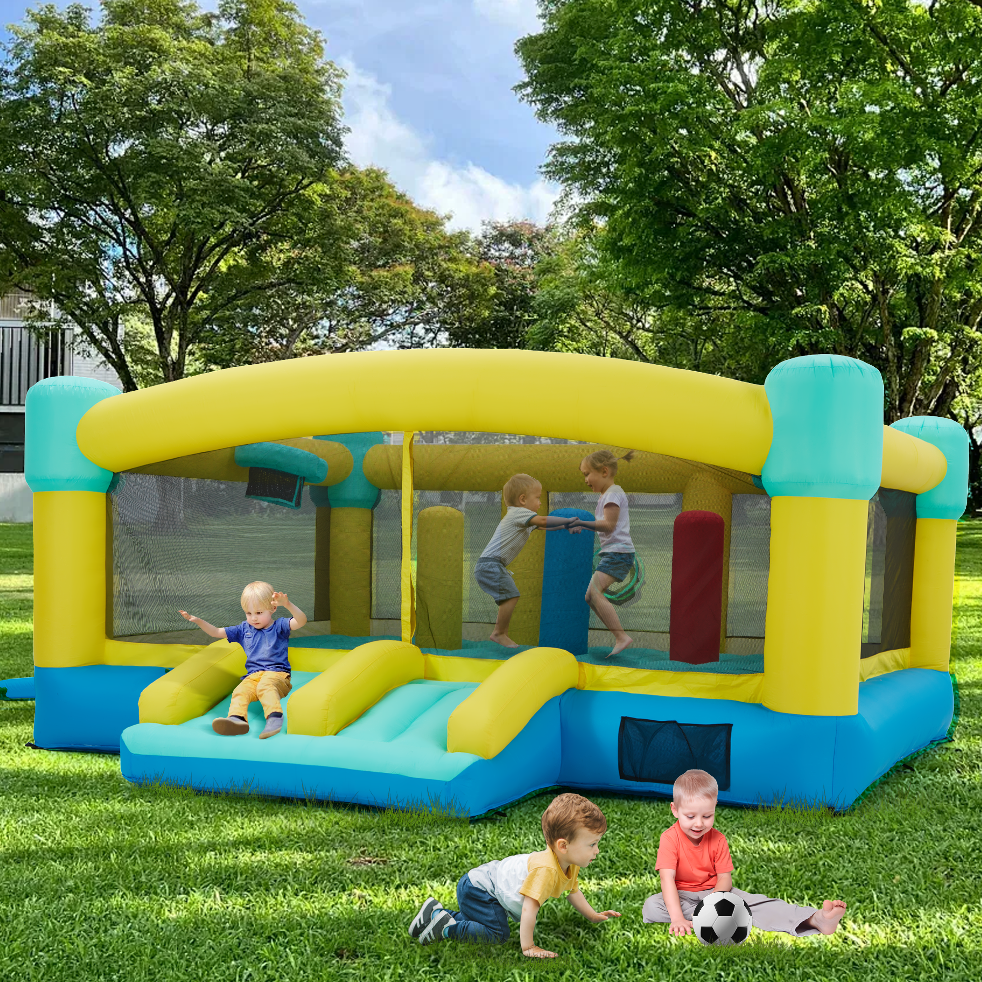 Homrest Inflatable Trampoline Bounce House , Jumping Castle with Blower and Basketball Hoop ball pit for Kids 3-6 Outdoor, Jump House Punching Bag for Kids, Heavy Duty 840D Oxford Cloth