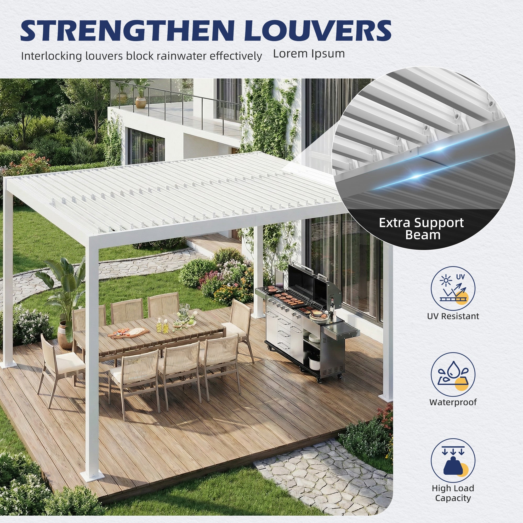 HOMREST 10' x 12' Outdoor Pergola with Adjustable Louvered Roof & Integrated Drainage, Heavy-Duty Metal Louvered Pergola for Patios, White