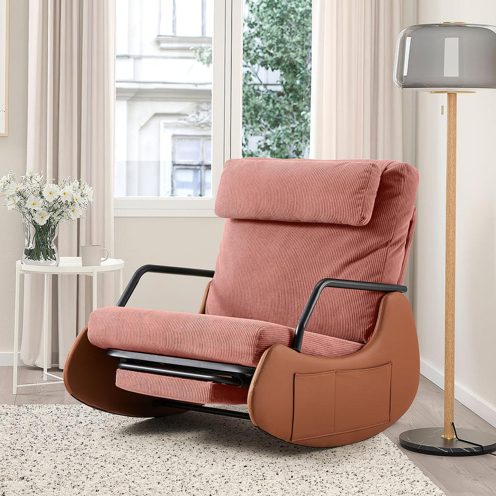 HOMREST Indoor & Outdoor Oversized Rocking Recliner Chair with Side Pockets, Upholstered Plush Seating Glider Rocker with Ajustable High Backrest, Pink