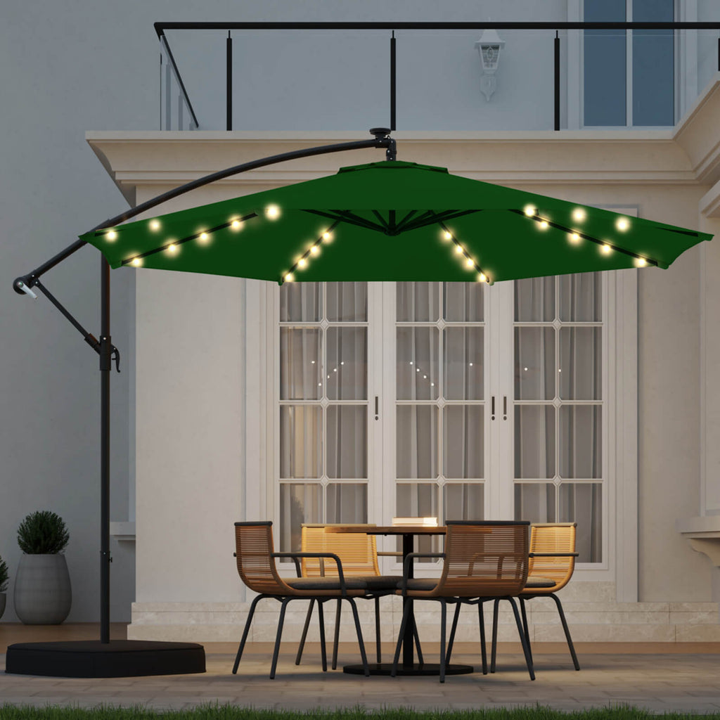 Homrest 10ft Solar Lighted Patio Umbrella with Base, Outdoor Cantilever Umbrella, Infinite Tilt, Green
