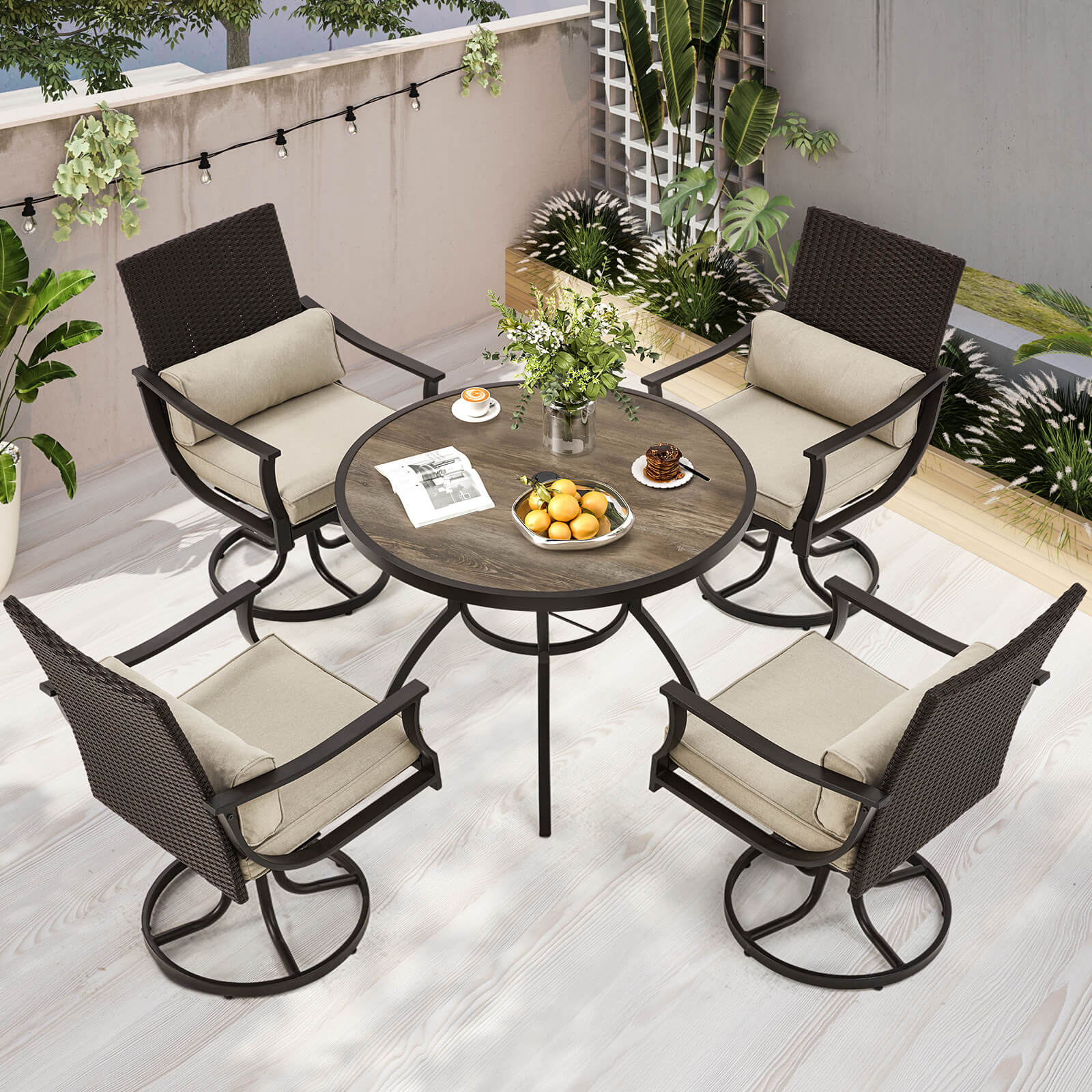 HOMREST 5-Piece Patio Dining Set, 4 Swivel Chairs & Large Round Table for Backyard, Deck, Patio