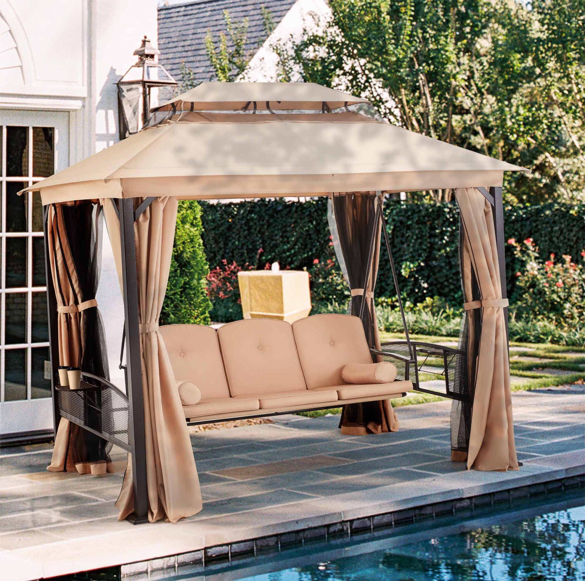 Homrest 3-Seat Swing Chair,Outdoor Gazebo Swing,Porch Swings Outdoor with Double Tier Canopy,Netting Curtains,Side Trays,for Graden,Poolside Backyard(Khaki)