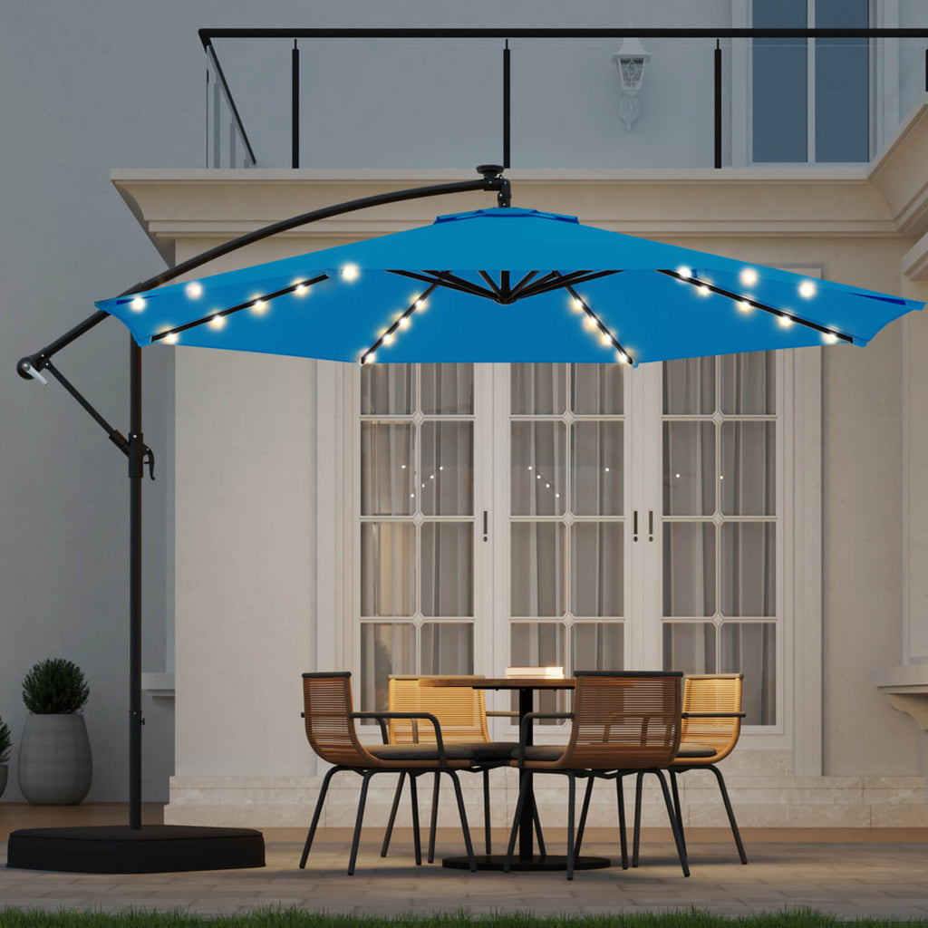 Homrest 10ft Solar Lighted Patio Umbrella with Base, Outdoor Cantilever Umbrella, Infinite Tilt, Rolay Blue