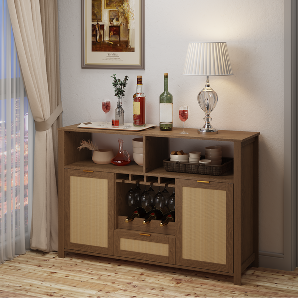 HOMREST Farmhouse Bar Cabinet with Storage, Wine Racks and Drawers for Dining Room and Living Room, Walnut Brown