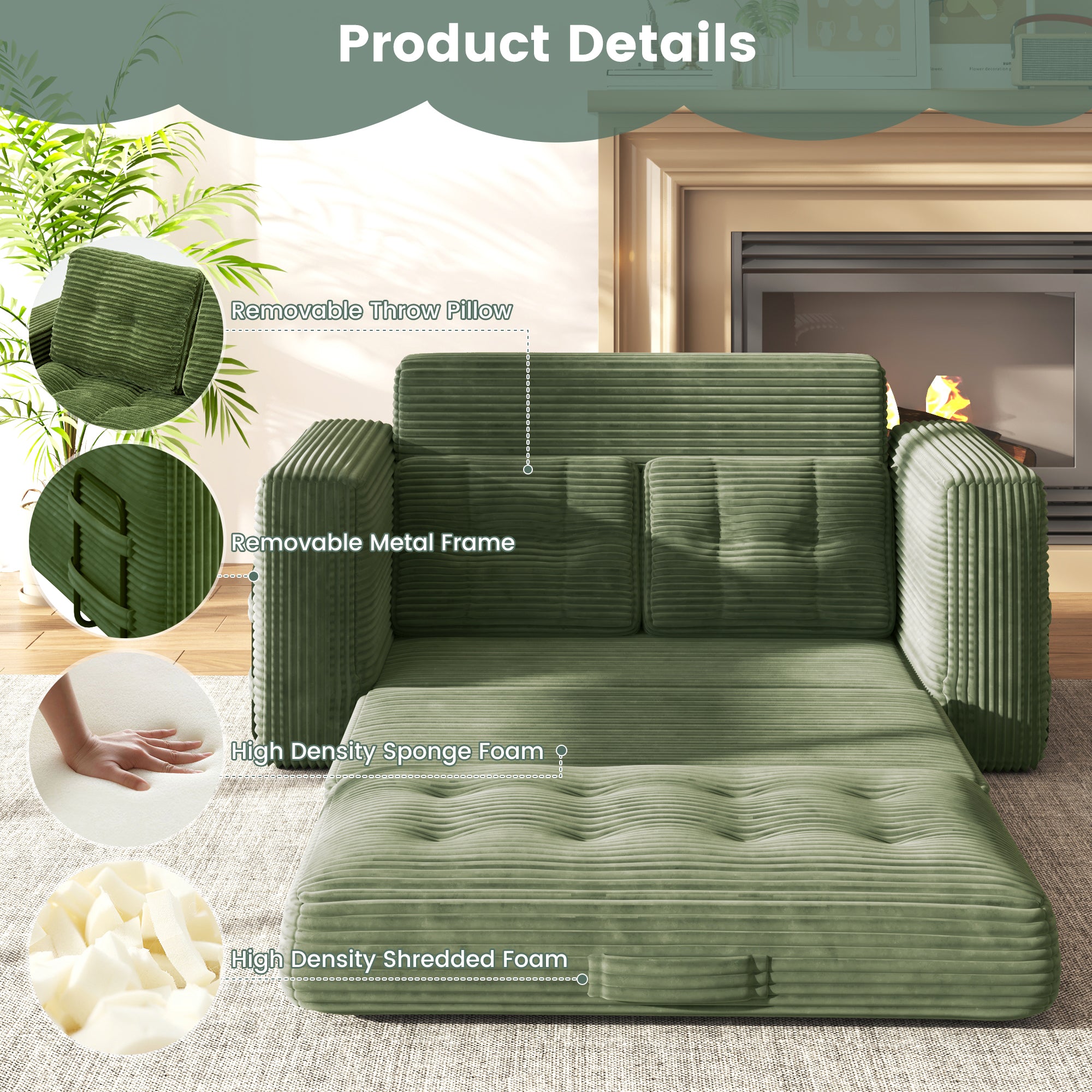 HOMREST No Assembly Needed Convertible Sofa Bed, 2 in 1 Boneless Couch Bed with 2 Pillows, Green