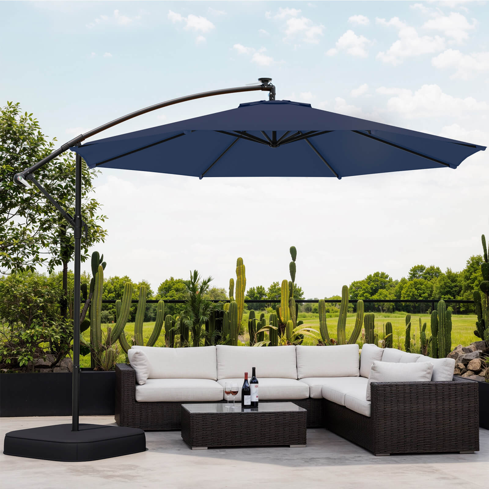 Homrest 10ft Patio Umbrella with Base, Outdoor Offset Cantilever Umbrella, Infinite Tilt, Navy Blue
