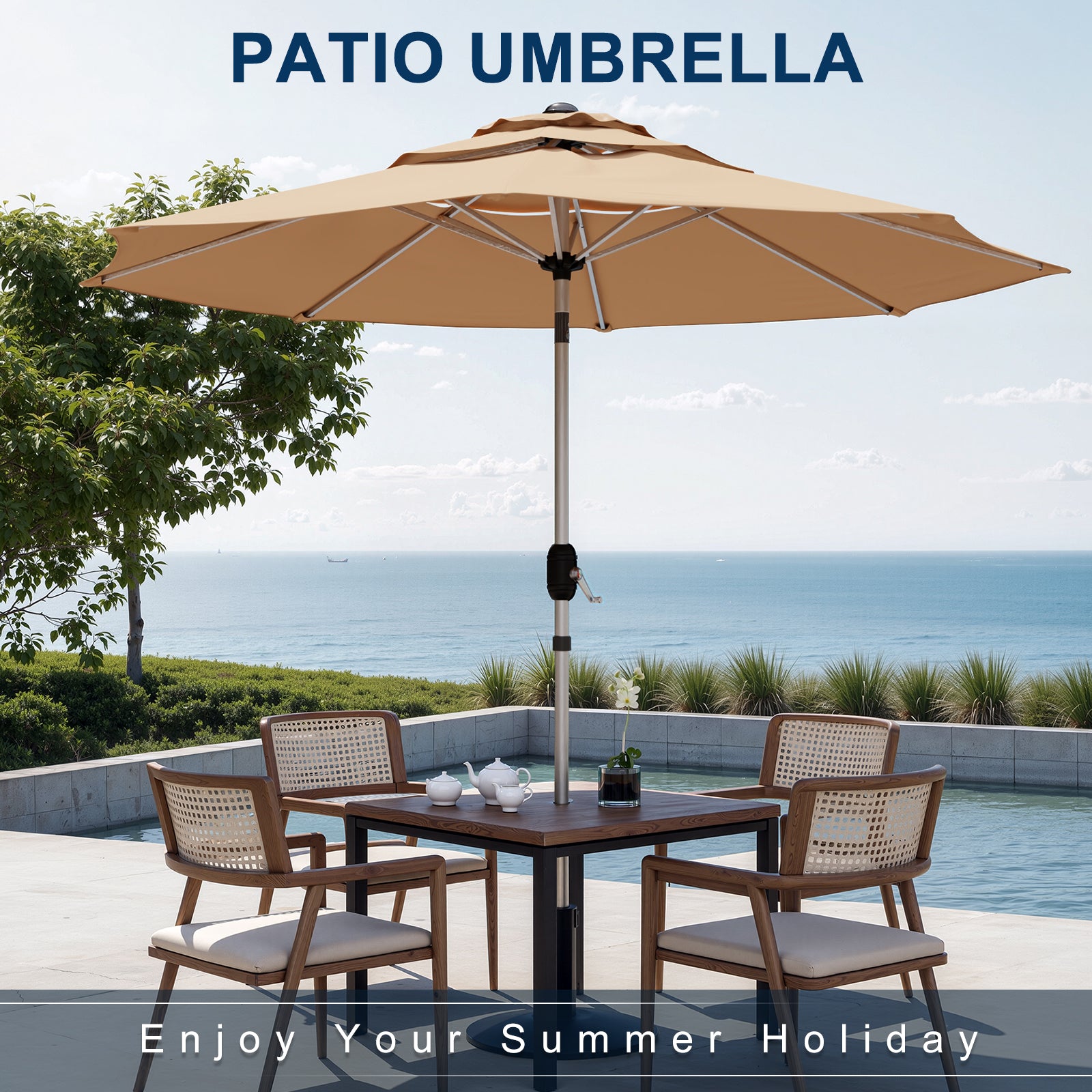 Homrest 9FT 3-Tier Aluminum Patio Umbrella, Fade-Resistant with Push Tilt, 8 Sturdy Aluminum Ribs,Beige