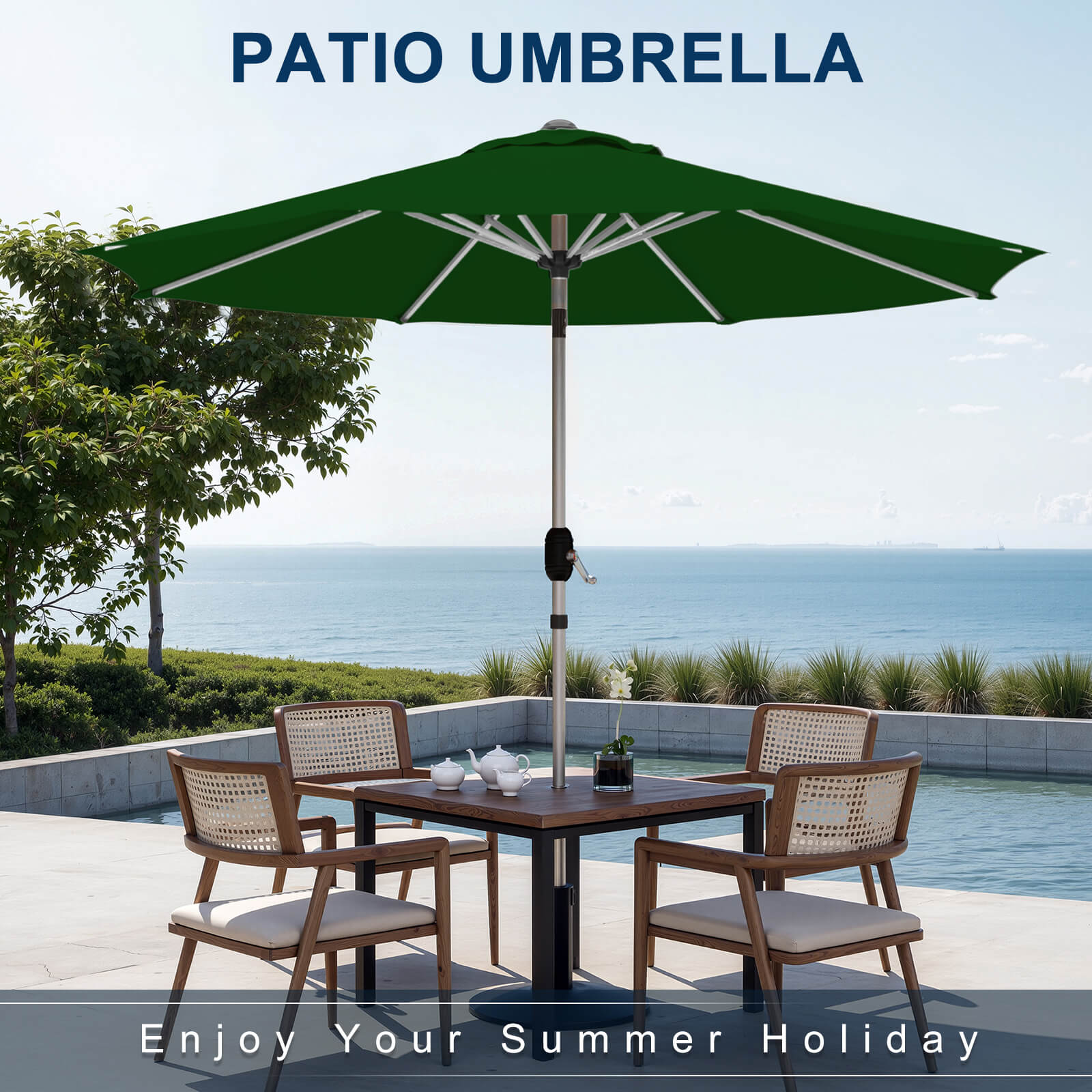 Homrest 9FT Aluminum Patio Umbrella, Fade-Resistant with Push Tilt, 8 Sturdy Aluminum Ribs ,Green