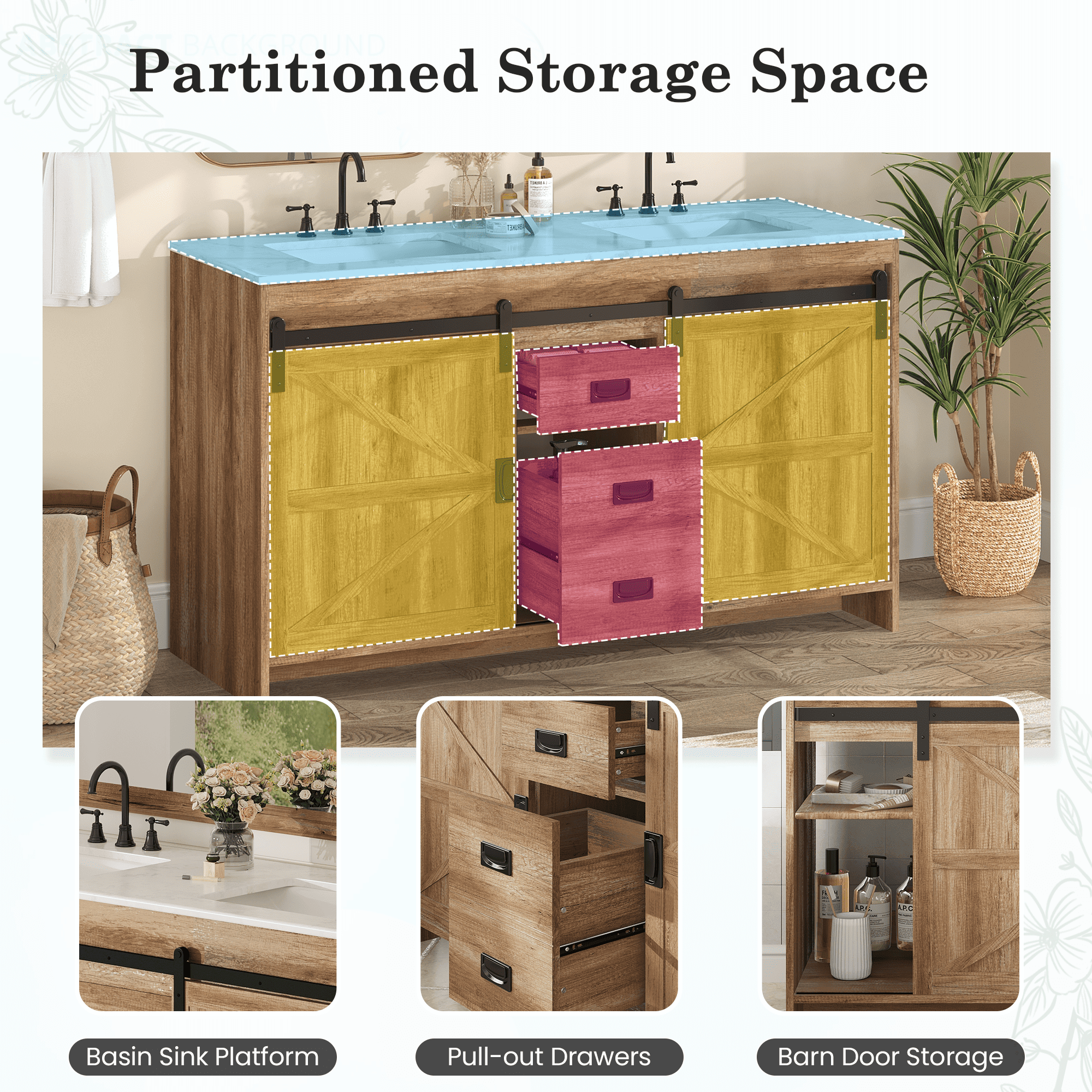 HOMREST 60" Farmhouse Double Bathroom Vanity with engineered stone top, Sliding Barn Door Sink Vanity, Brown
