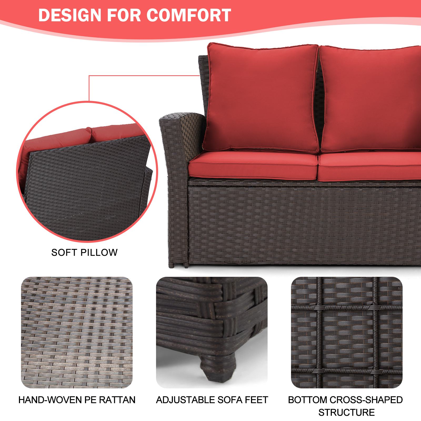 Homrest 6 Pcs Patio Furniture Set with Ottoman and Storage Table, Wine Red