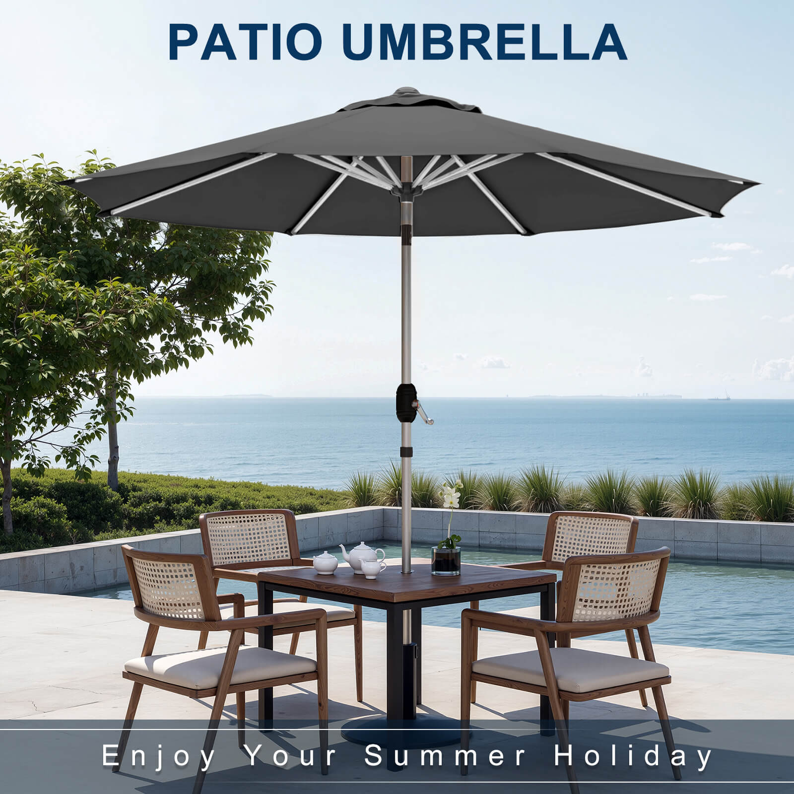Homrest 9FT Aluminum Patio Umbrella, Fade-Resistant with Push Tilt, 8 Sturdy Aluminum Ribs Grey