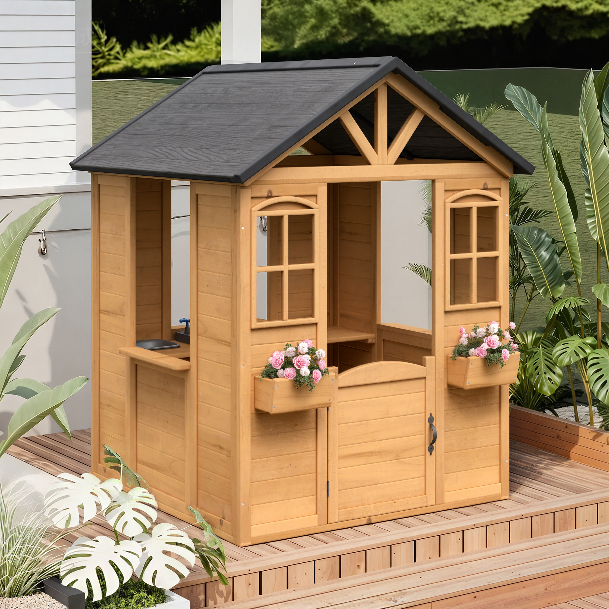 HOMREST Wooden Playhouse for Kids, Outdoor Garden Pretend Play Games, Adventure Cottage, with Working Door, Windows, Service Station, Flowers Pot Holders, Beige