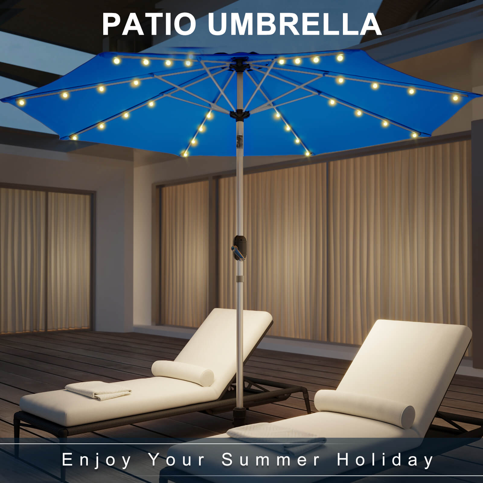 Homrest 10FT Solar Lighted Patio Umbrella, Fade-Resistant Outdoor Umbrella with Tilt, 8 Aluminum Ribs Royal Blue