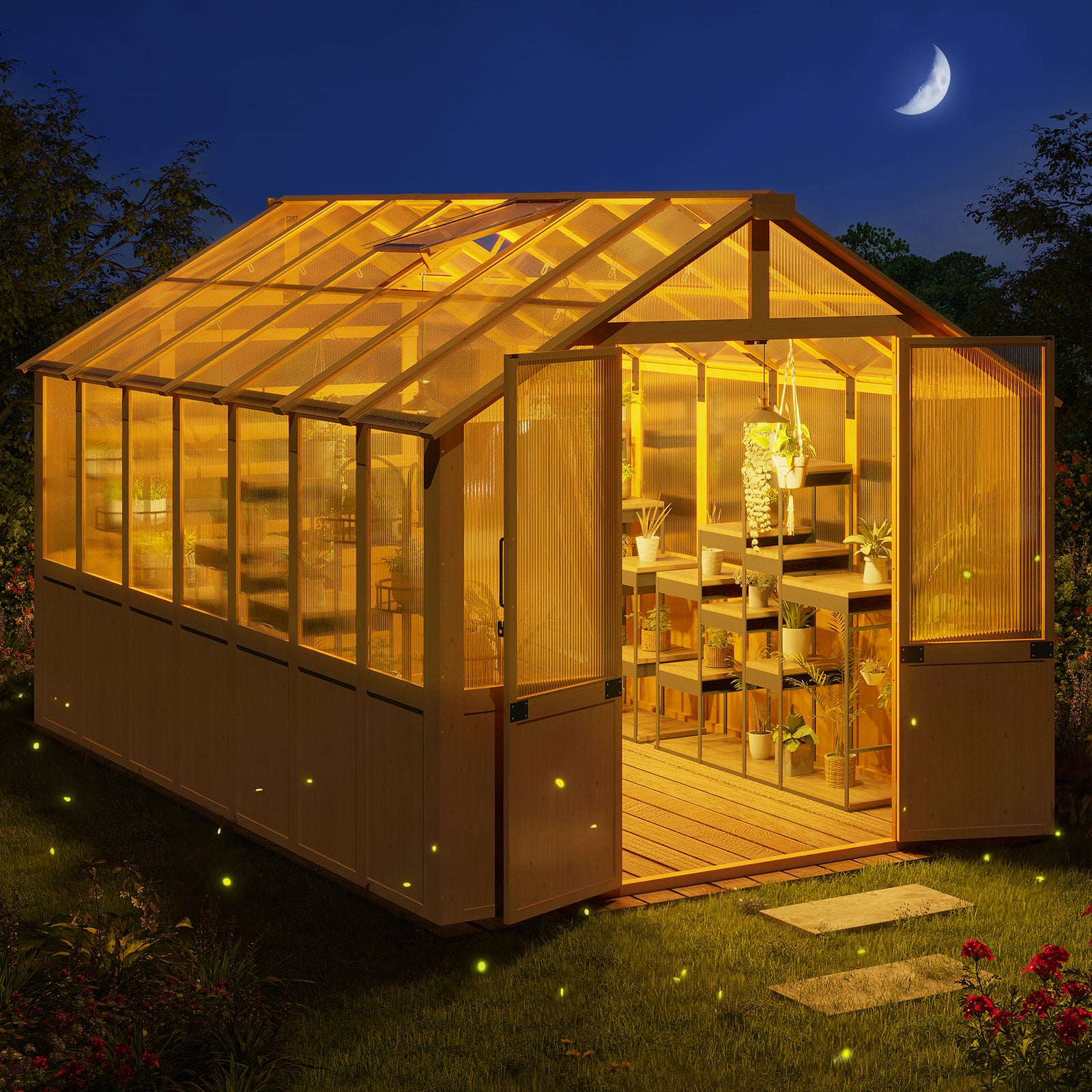 HOMREST 8x12 FT Wooden Greenhouse for Outdoors, Large Walk-in Greenhouse Kit with 4mm Polycarbonate Panels, Adjustable Roof Vent, Lockable Door, Outdoor Greenhouse for Backyard Garden