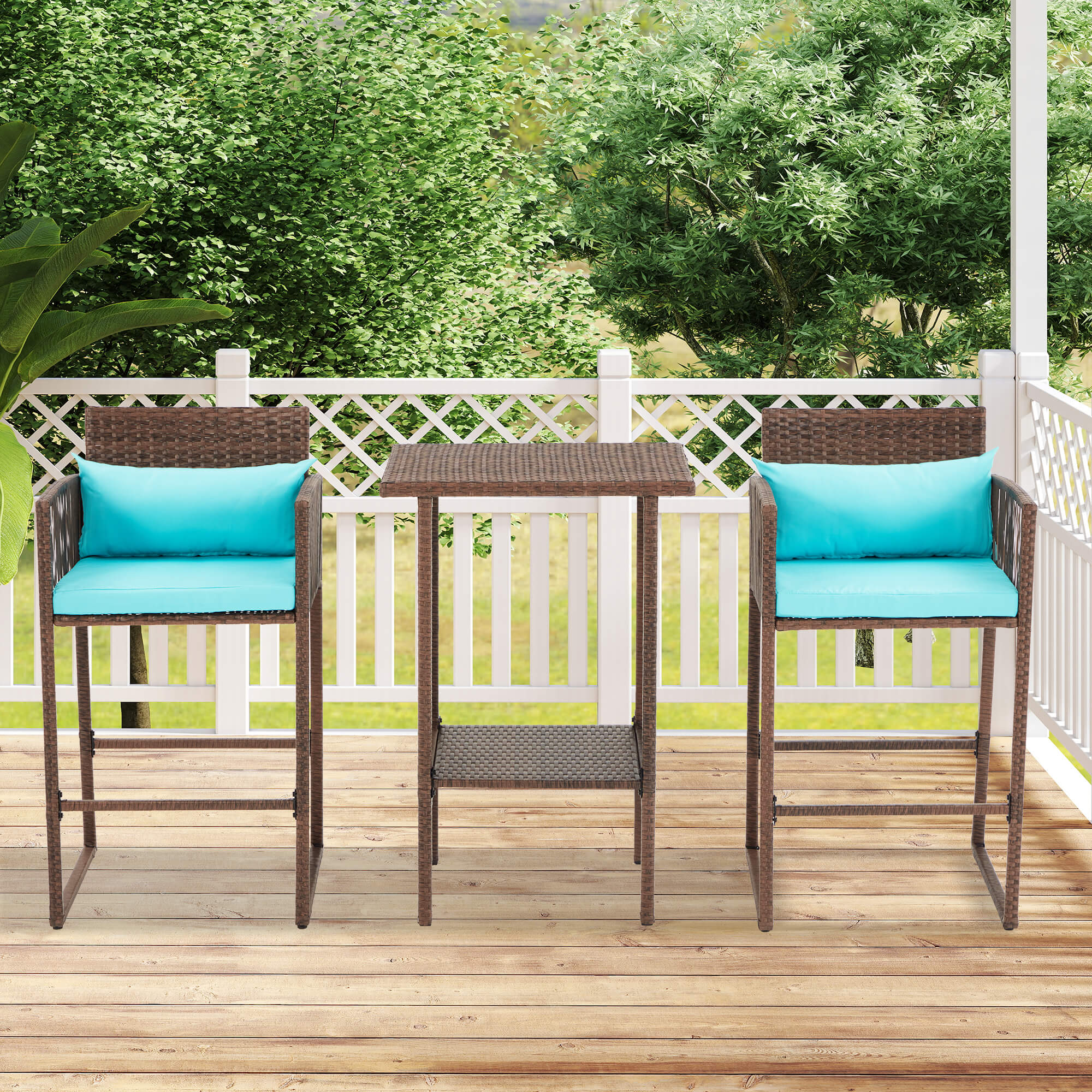 HOMREST 3-Piece Patio Wicker Bar Set, Rattan Bar Table & Stools with Cushion Covers (Blue/Gray)