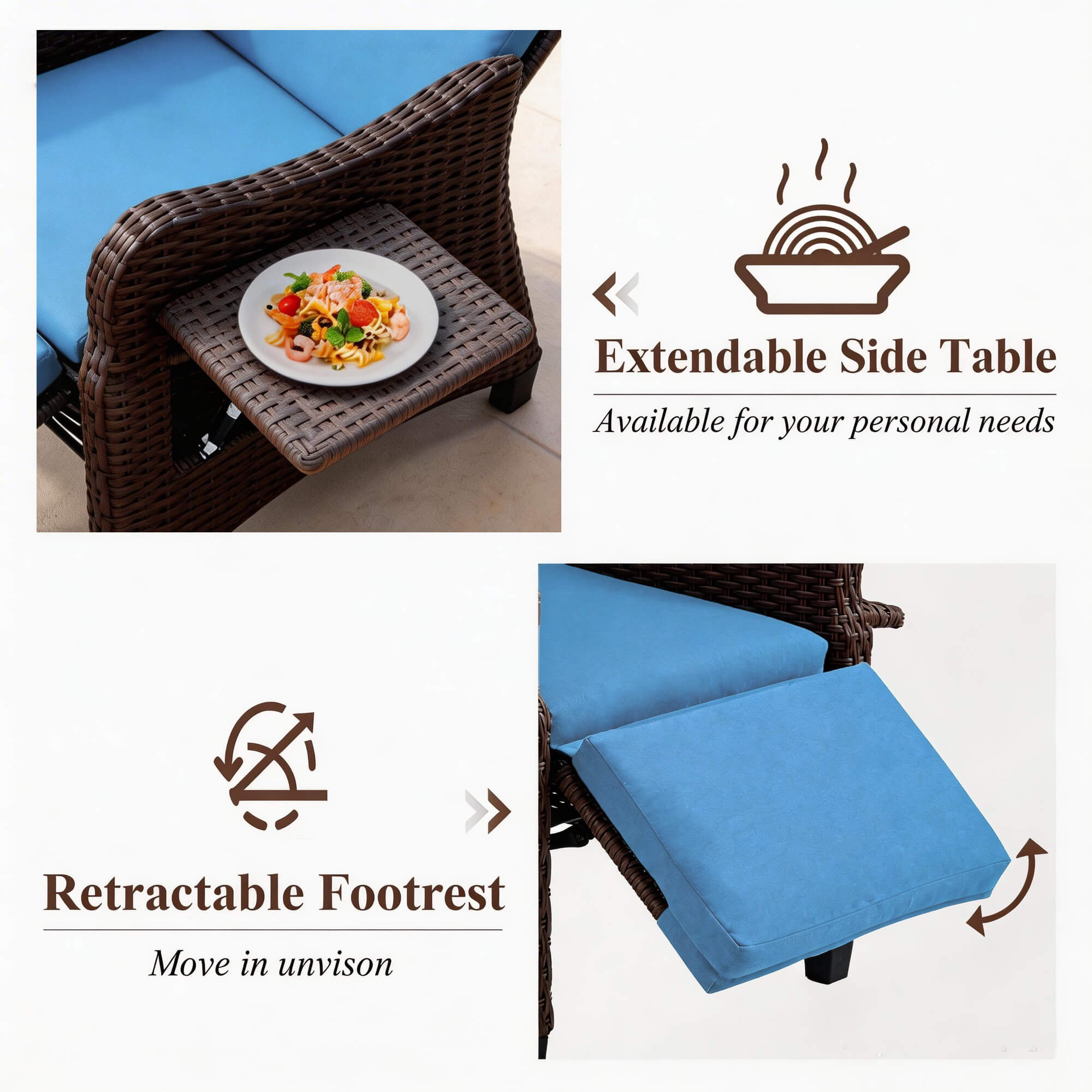 Homrest Outdoor Recliner Chair with Flip-up Table & Removable Cushion for Patio Deck Backyard, Blue