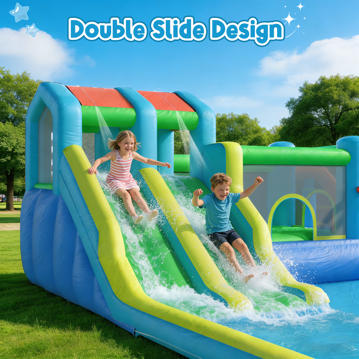 Homrest Inflatable Bounce House, Bouncy House with Double Water Slide, Inflatable Bouncy Castle Water Bounce House with Blower, Climbing Wall, Jumping, Splash Pool for Kids Indoor Outdoor