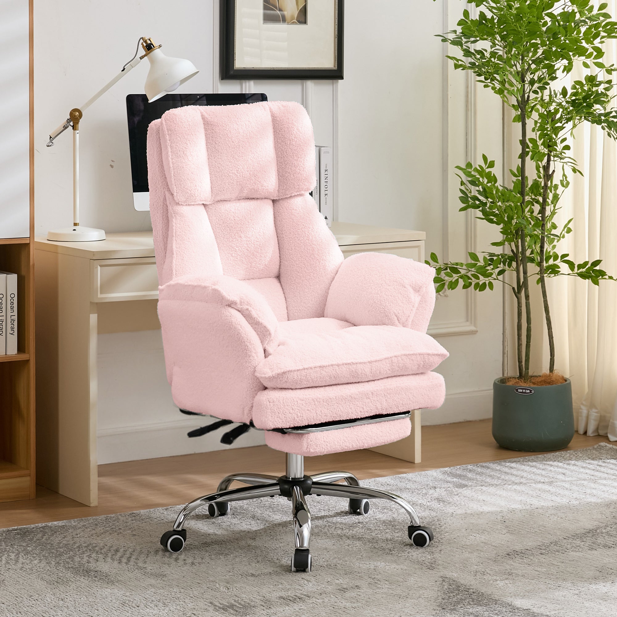HOMREST Cloud Cross Legged Office Chair with Footrest,Leather Big and Tall Executive Ergonomic Chair,155° Reclining Computer Wide Desk Chair, Pink