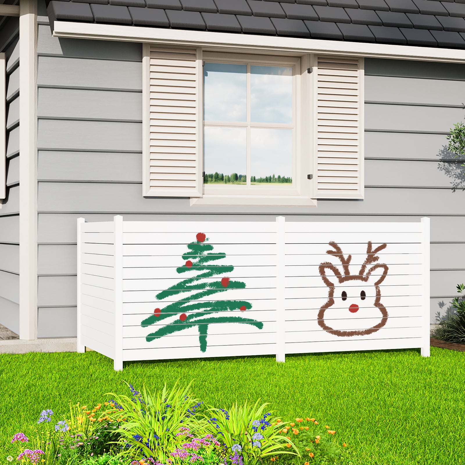 HOMREST Outdoor Privacy Fence, 48in H x 48in W Air Conditioner Fence，No Dig Trash Can Fence, 3 Fence Panels Pool Equipment Enclosure, Horizontal PVC Privacy Screen with 18 in Ground Stakes,White