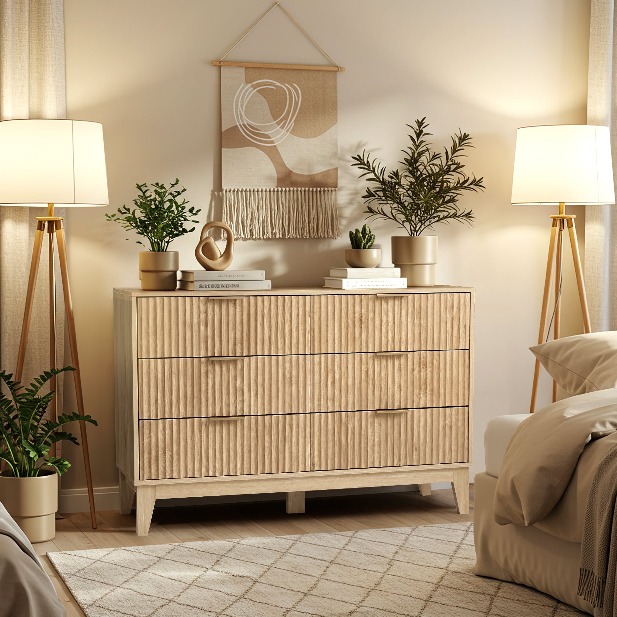 HOMREST Fluted Dresser for Bedroom, 6 Drawer Modern Dresser, Wide Modern Chest of Drawers with Metal Handle, Mid Century Modern Dresser, Natural Wood