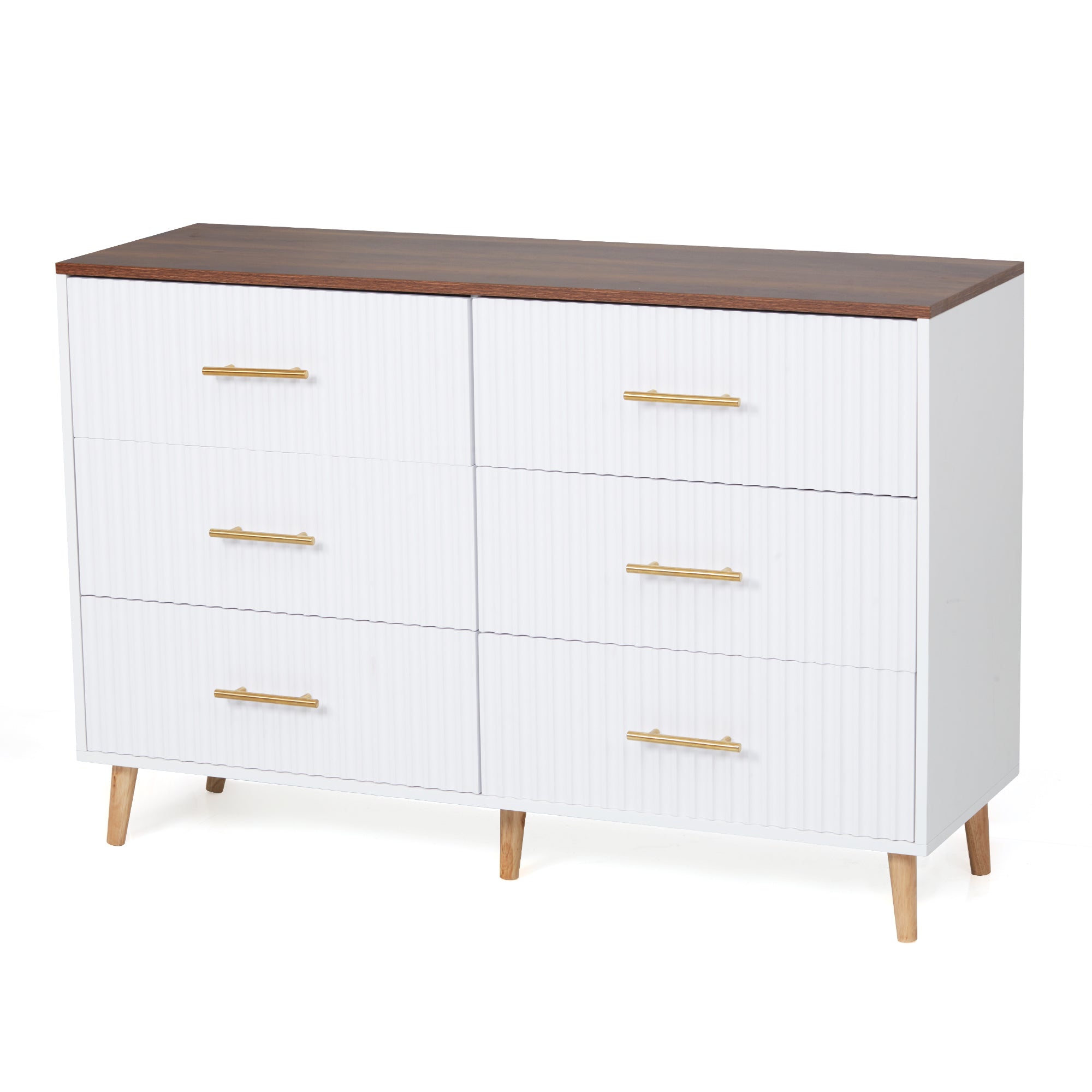 HOMREST 6 Drawer Dresser Modern Dresser Chest of Drawers with Fluted Panel, White