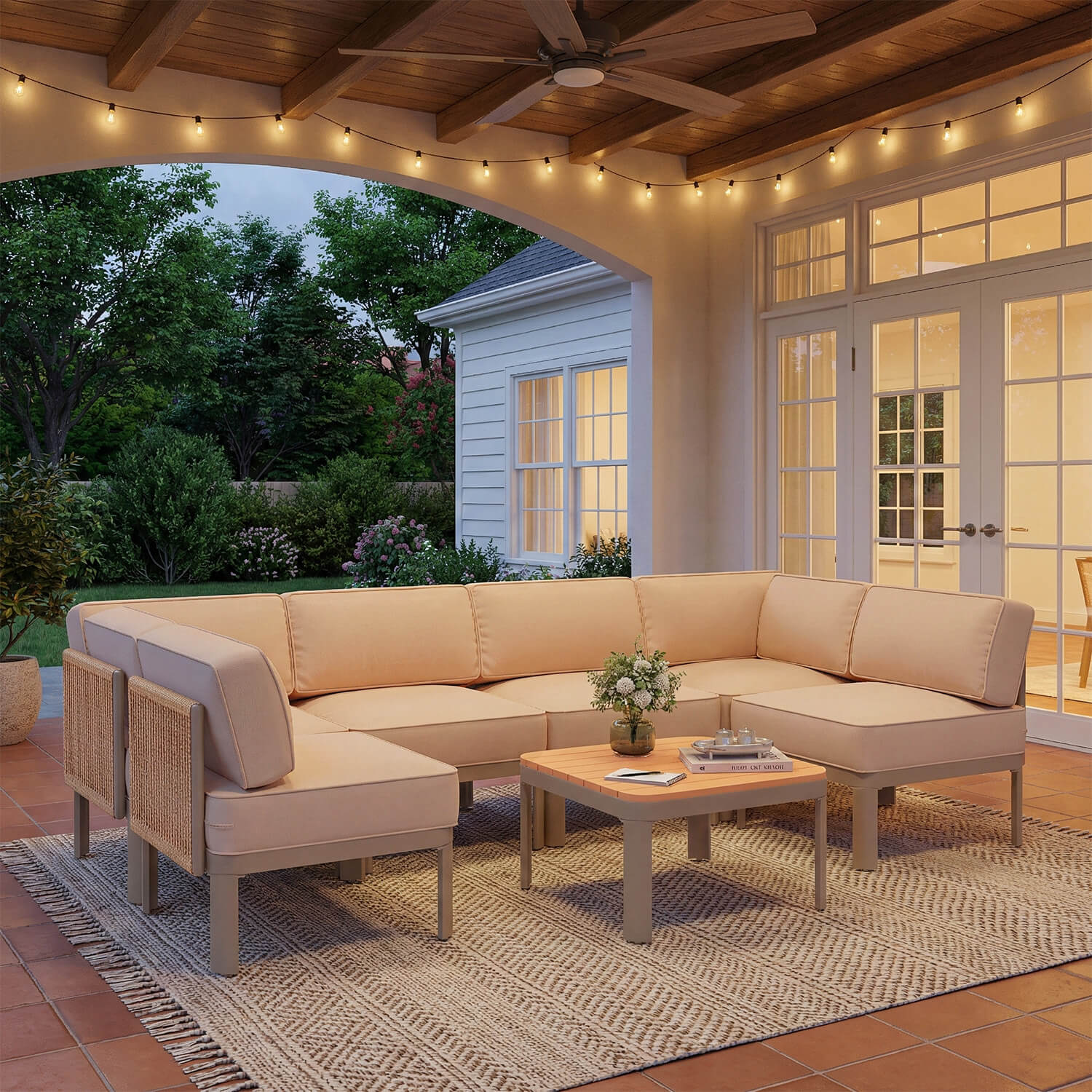 HOMREST 7 Pieces Patio Sectional Furniture Set, Aluminum Frame Outdoor Conversation Set with 6" Thick Cushions & Coffee Table, Beige