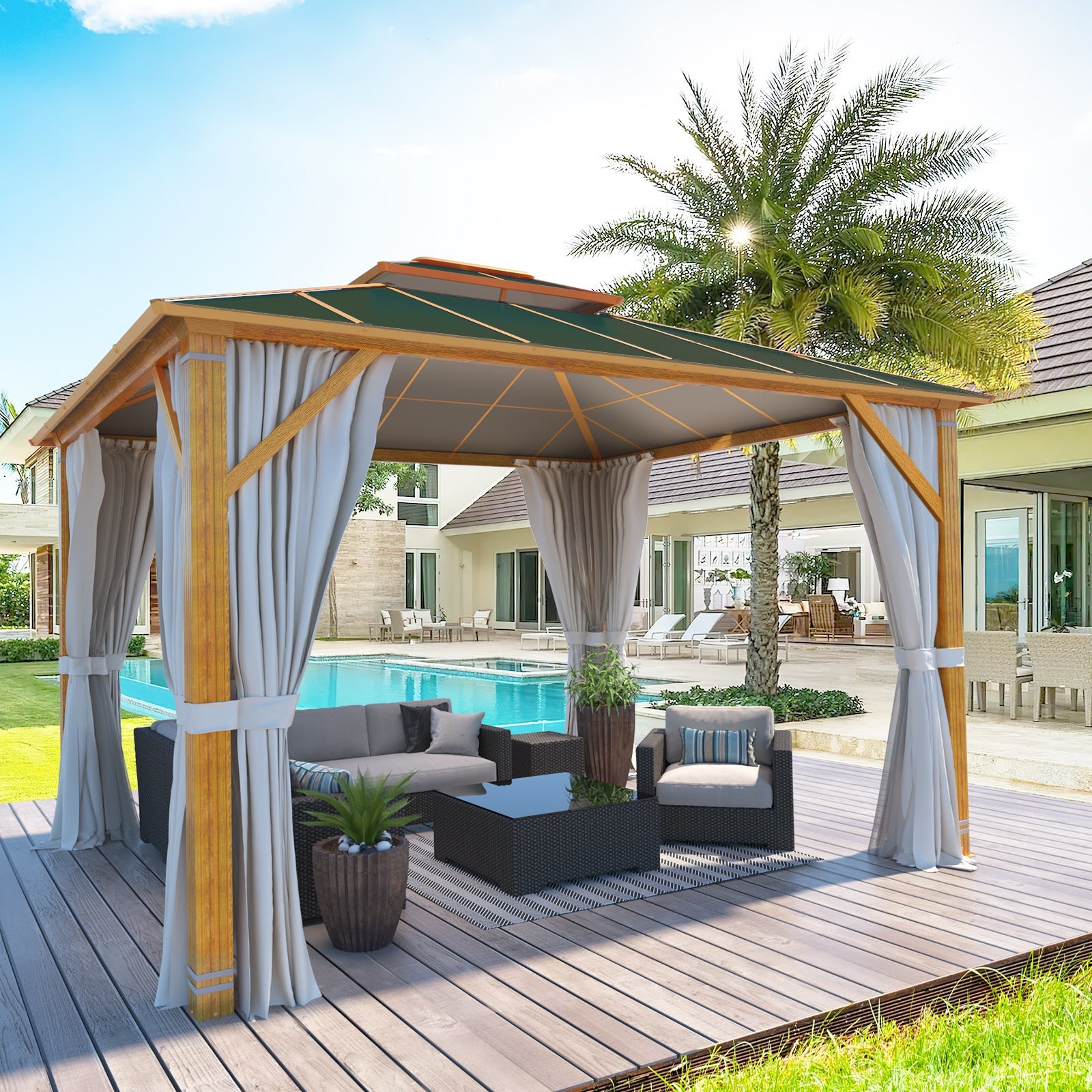 Homrest 10'x12' Gazebo, Outdoor Wood Grain Hardtop Gazebos, Aluminum Composite Double Roof with Privacy Curtain and Mosquito Net Green