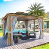 Homrest 10'x12' Gazebo, Outdoor Wood Grain Hardtop Gazebos, Aluminum Composite Double Roof with Privacy Curtain and Mosquito Net Green