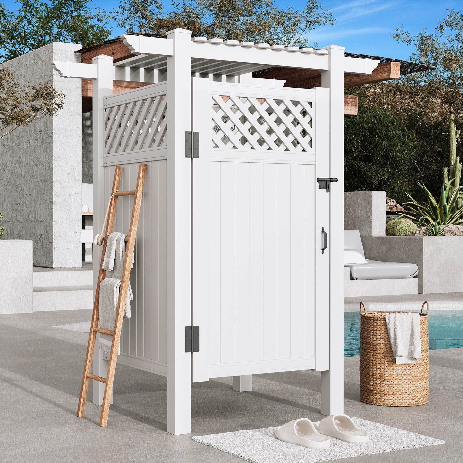 HOMREST 88.5"H x 57.5"W x 47.75"L White PVC Outdoor Shower Enclosure with Door, Weatherproof Privacy Stall for Pool & Beach, Durable Vinyl Construction（Grid-panel with roof）