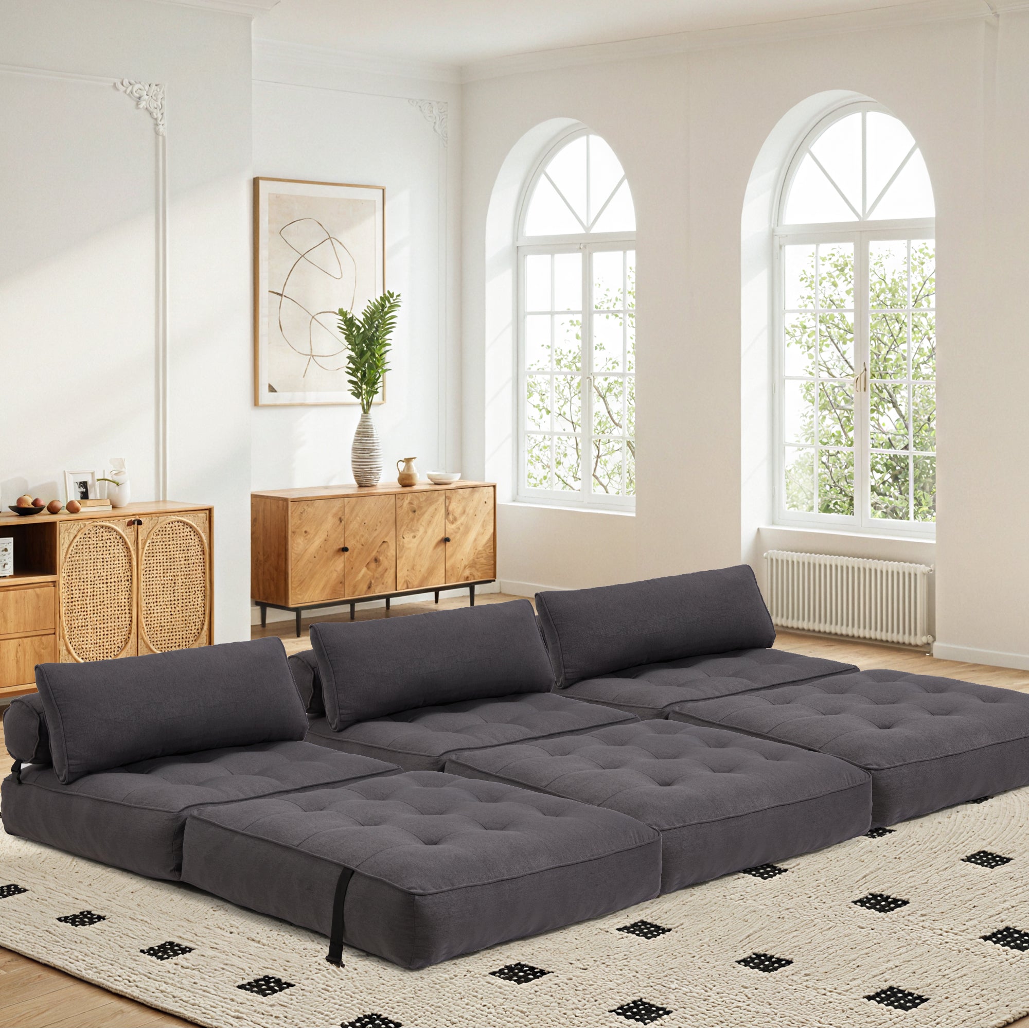 HOMREST 3-Piece Modular Sectional Sofa, Convertible Lounge Set – Foldable Couch Bed, Dark Gray